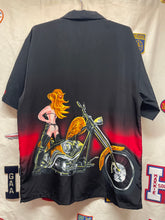 Load image into Gallery viewer, Vintage Dragonfly &quot;Biker Babe&quot; Black Button Up Shirt: Large
