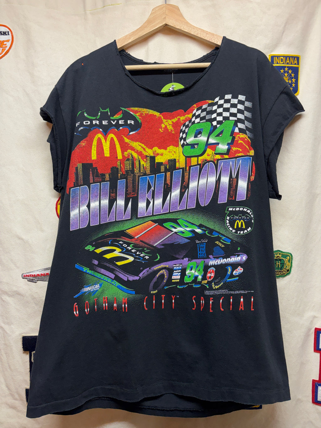 Vtg Bill Elliott NASCAR Batman Forever McDonalds Movie Cut Off Black T-Shirt: XL