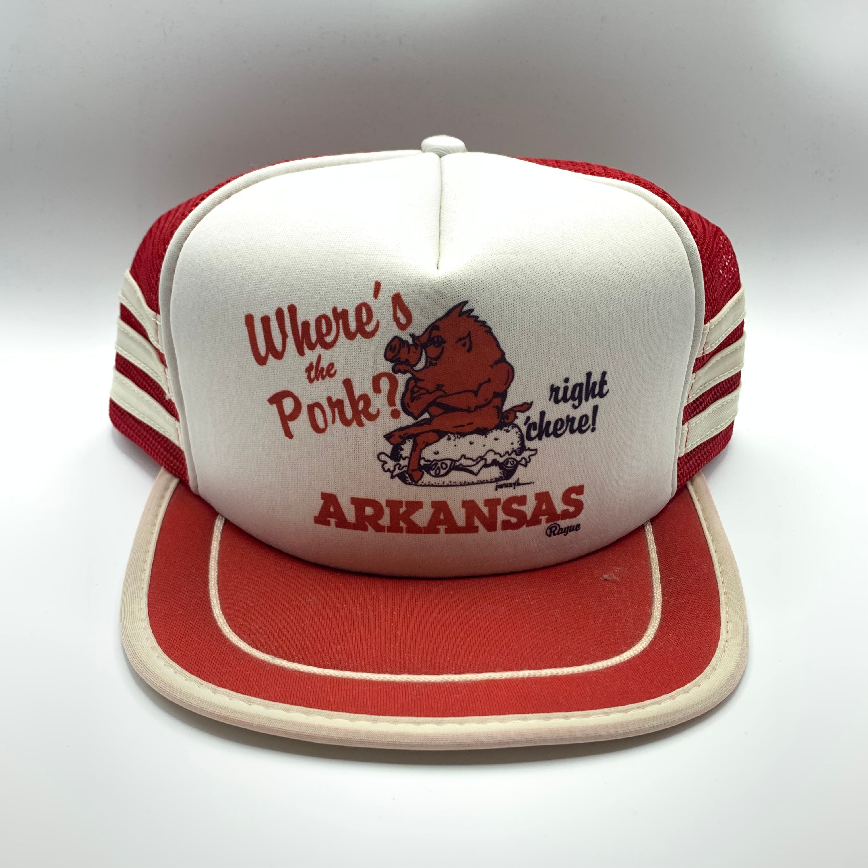 Vintage University of Arkansas Razorbacks Where's The Pork? Right 'chere 3 Stripe Trucker Snapback Hat