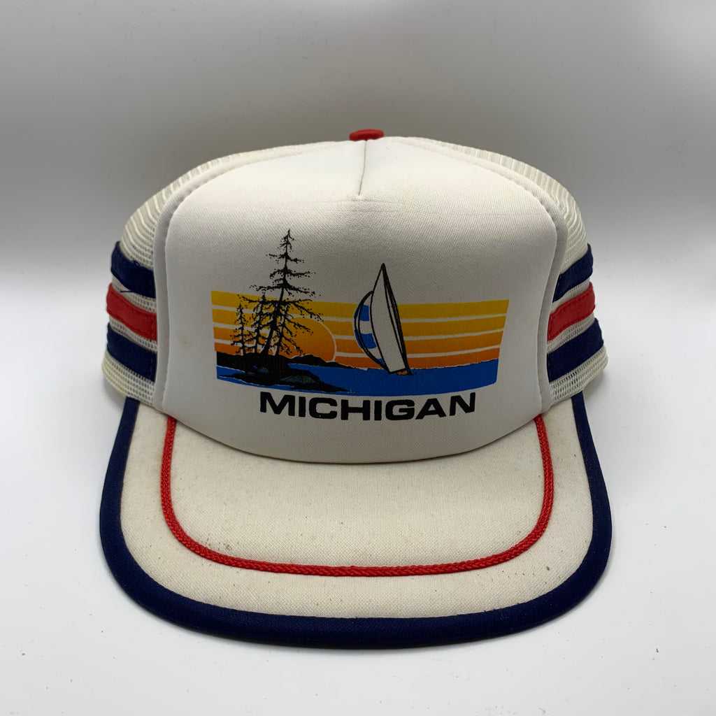 Vintage Michigan Sail Boat 3 Stripe 80's Tourist Trucker Mesh Snapback Hat