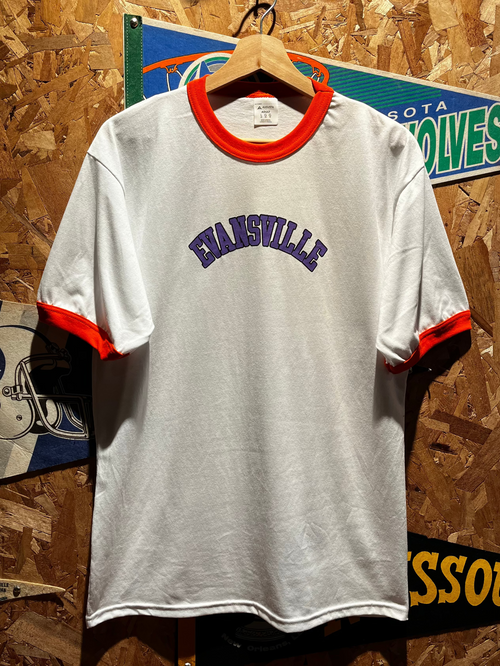 Evansville Arch Spellout White/Orange Ringer T-Shirt