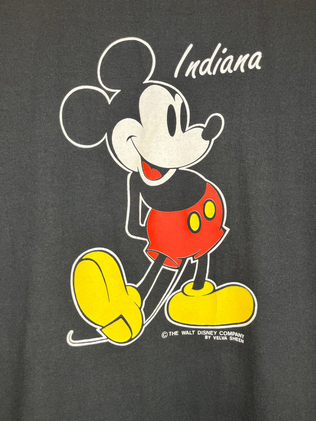 Vintage Mickey Mouse Indiana Walt Disney Black Velva Sheen T-Shirt: XL