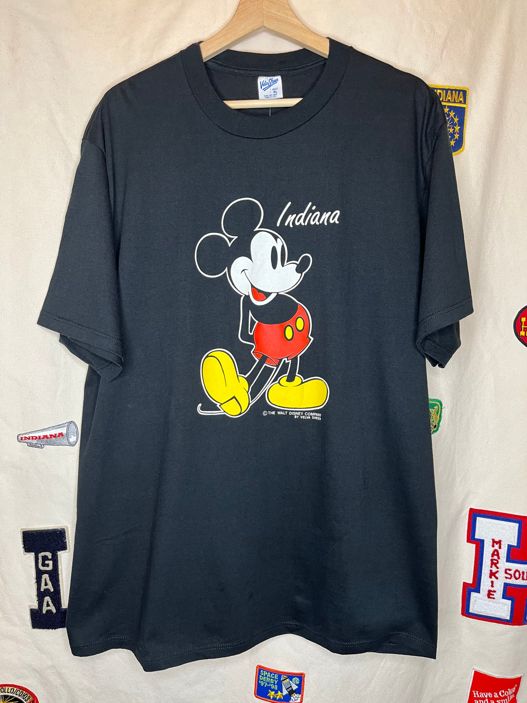 Vintage Mickey Mouse Indiana Walt Disney Black Velva Sheen T-Shirt: XL