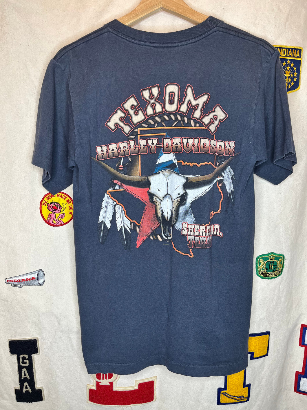 Vintage Harley Davidson Bull Skull Texoma Sherman Texas Black Pocket T-Shirt: Smalll