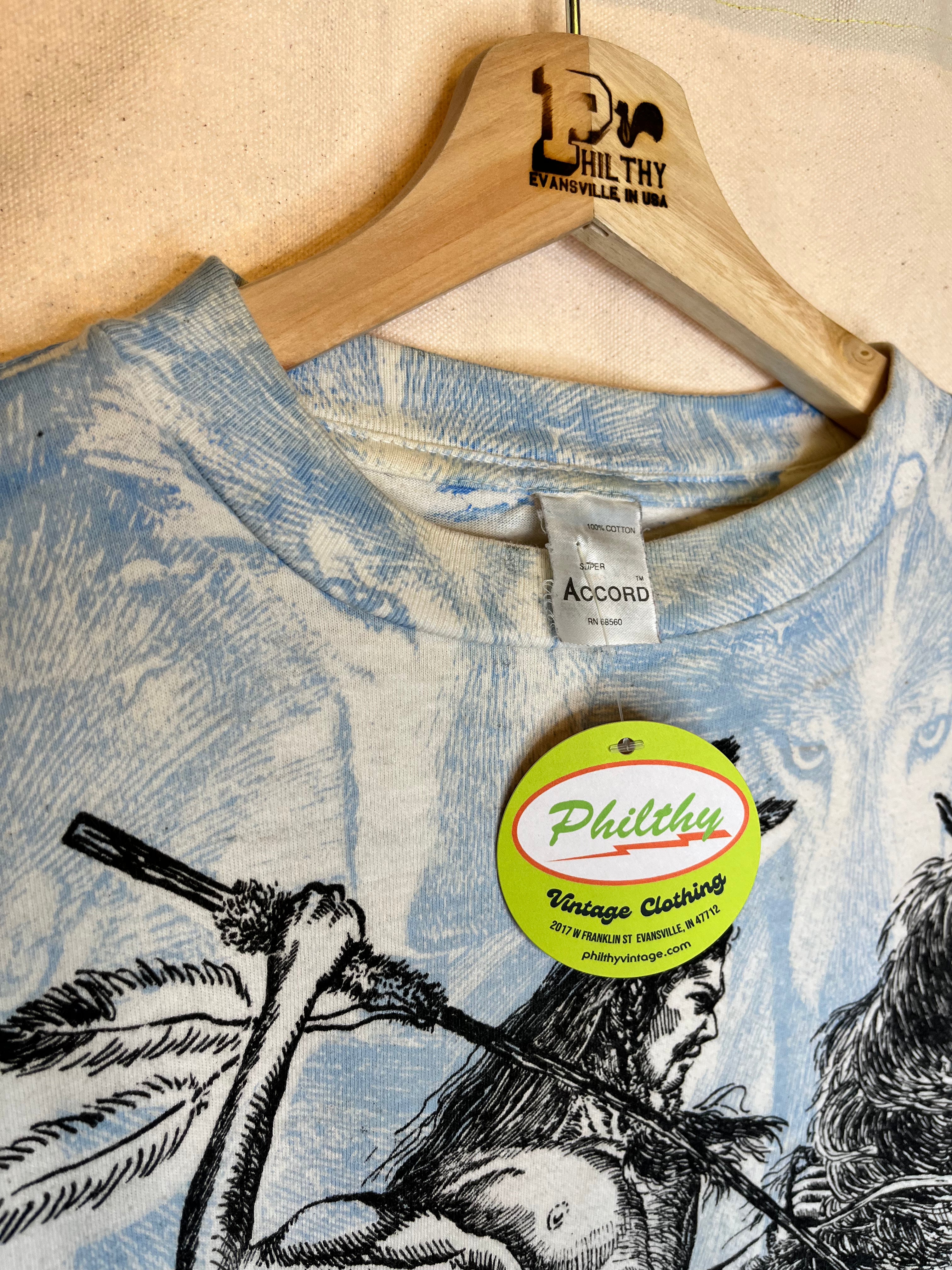 Vintage Native American Indian Horse Wolf All Over Print T-Shirt: XL