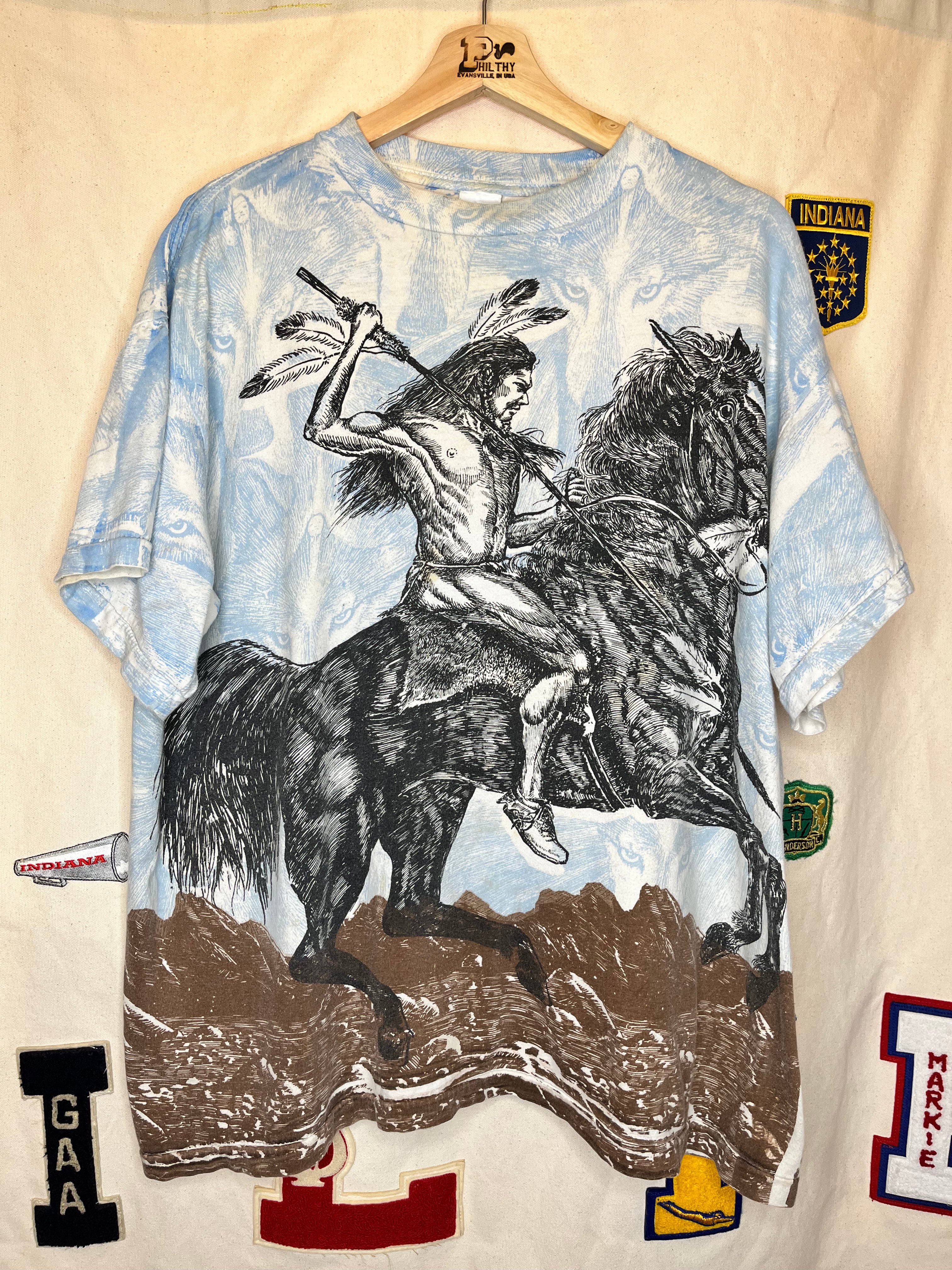 Vintage Native American Indian Horse Wolf All Over Print T-Shirt: XL
