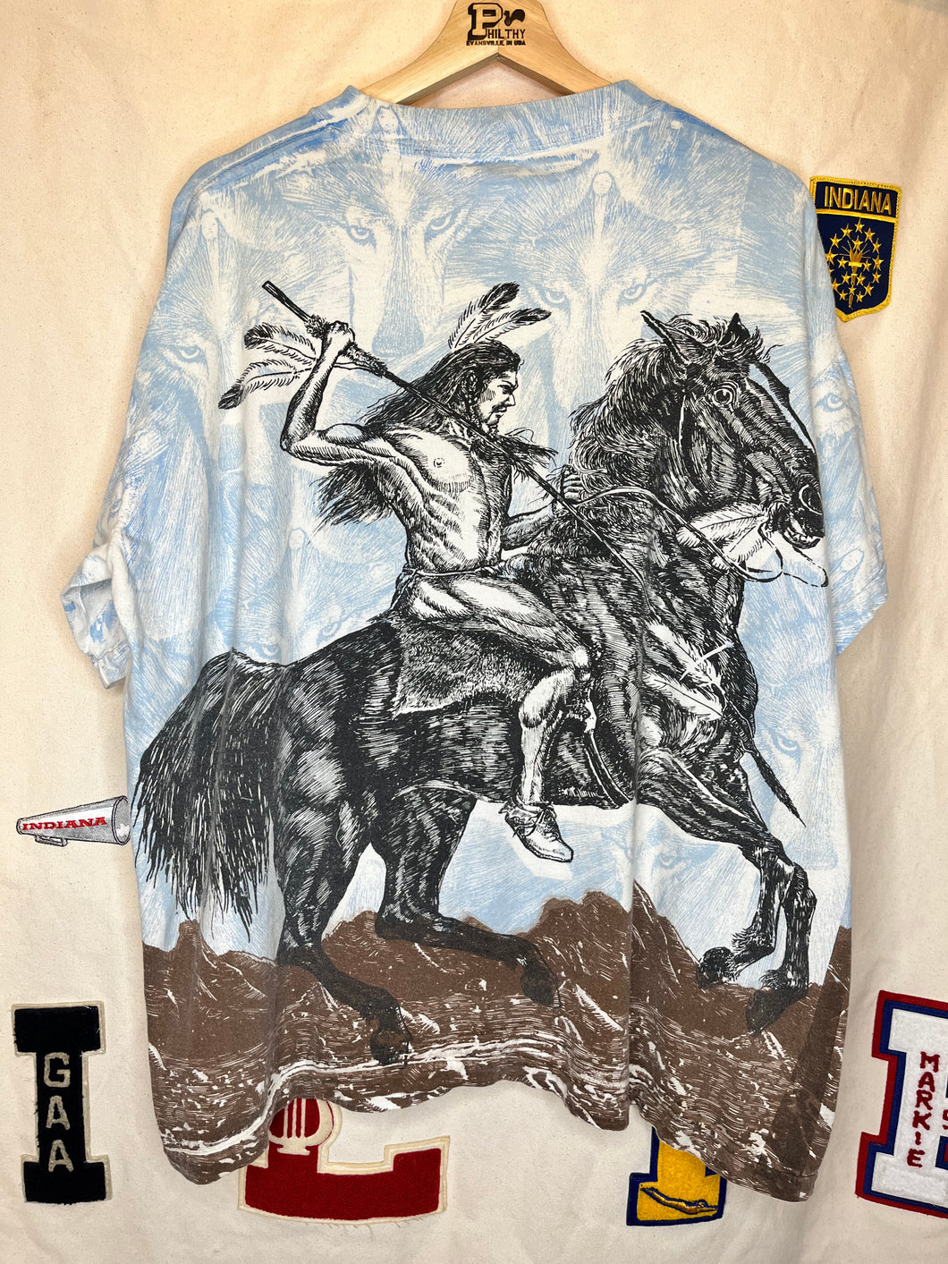 Vintage Native American Indian Horse Wolf All Over Print T-Shirt: XL