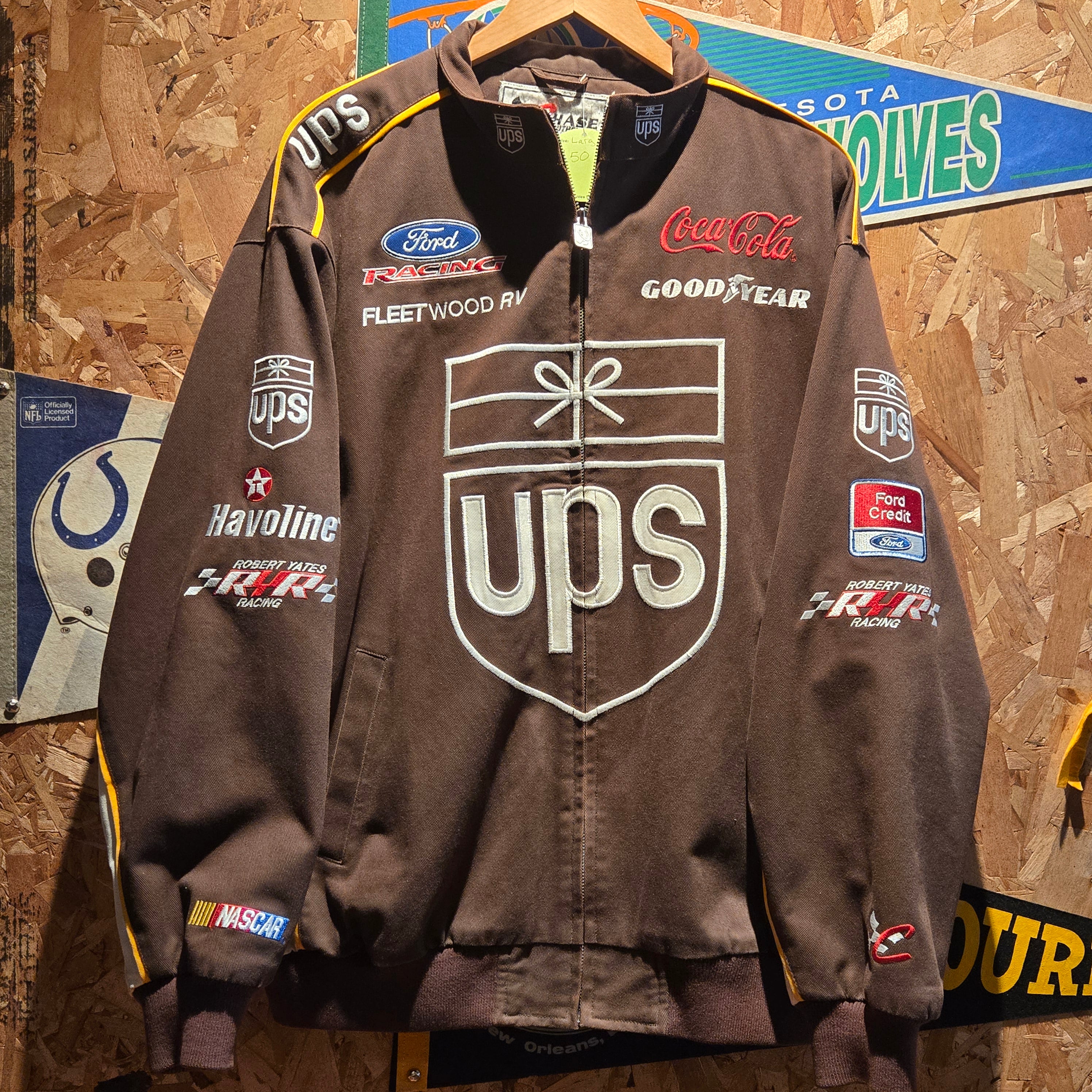 VTG Dale Jarrett Chase Authentics UPS Racing Jacket Large Brown/White