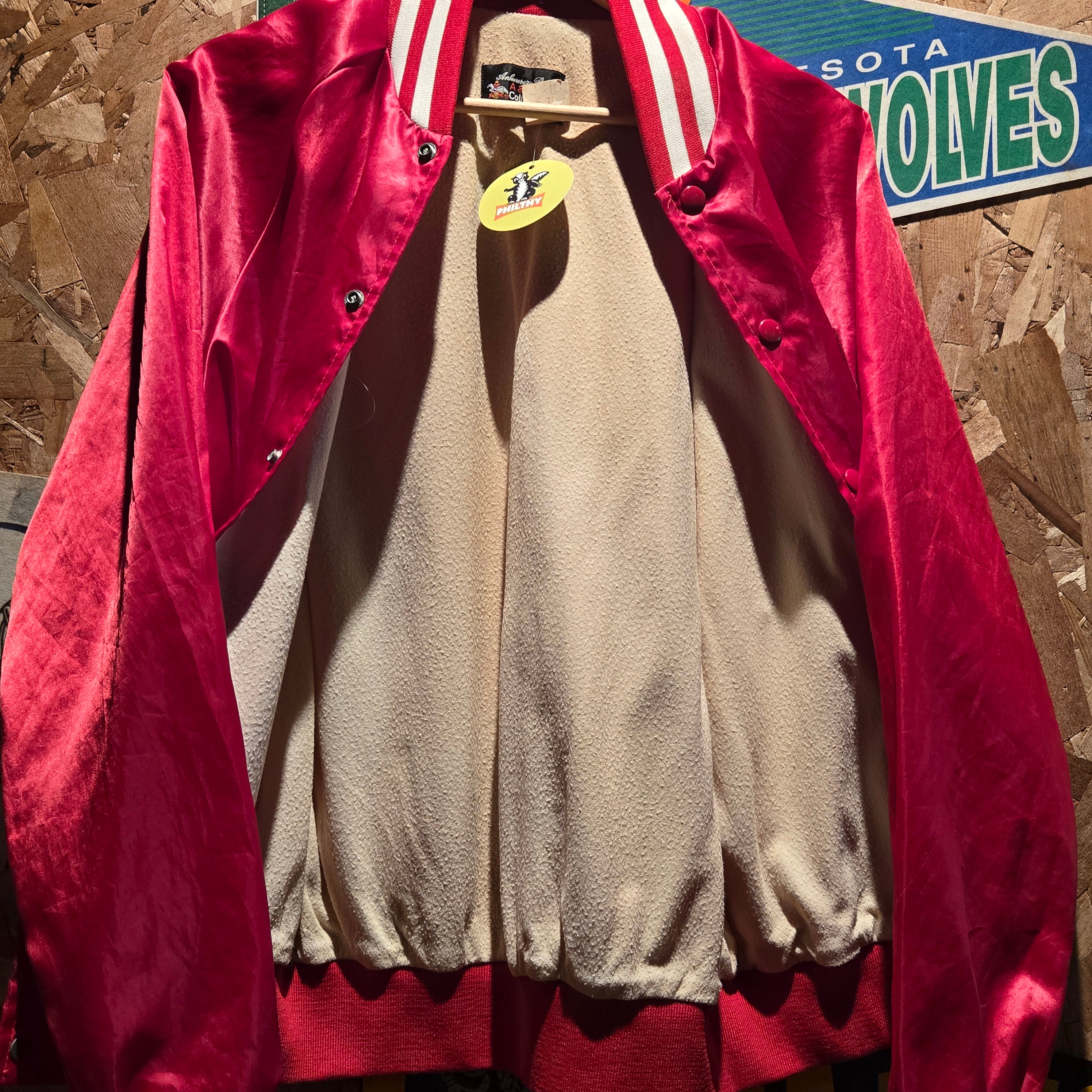 VTG Budweiser Men's Red Satin Bomber Jacket 80s Varsity Nylon: Medium