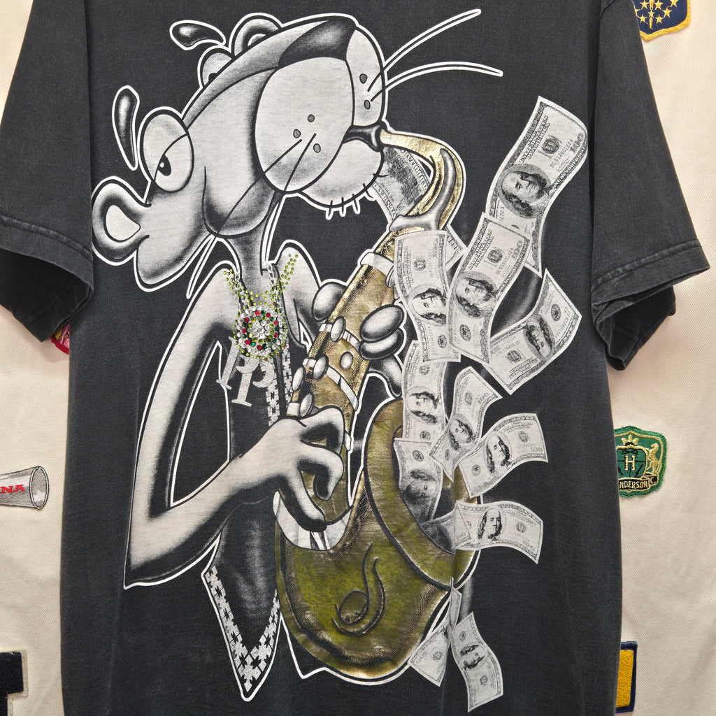 VTG Pink Panther Saxophone $100 Bills Black T-Shirt: XLT