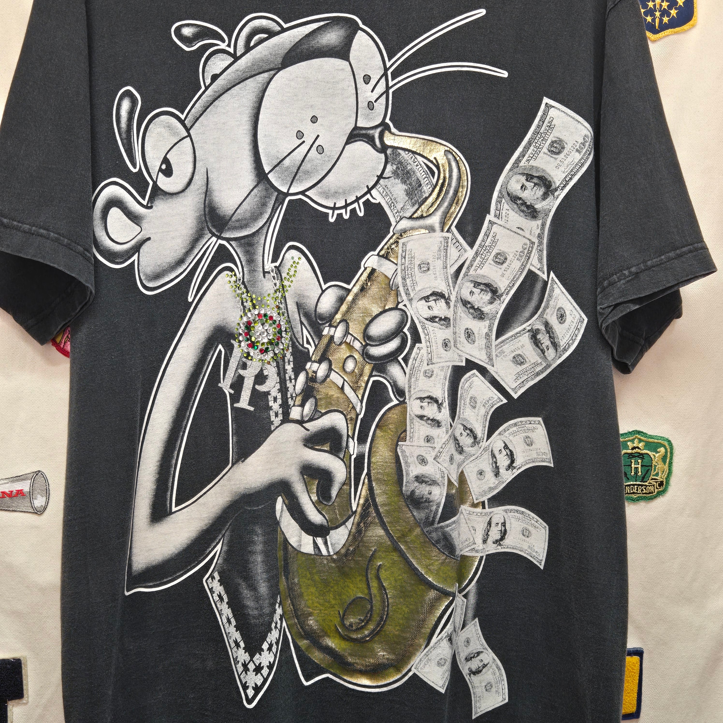 VTG Pink Panther Saxophone $100 Bills Black T-Shirt: XLT
