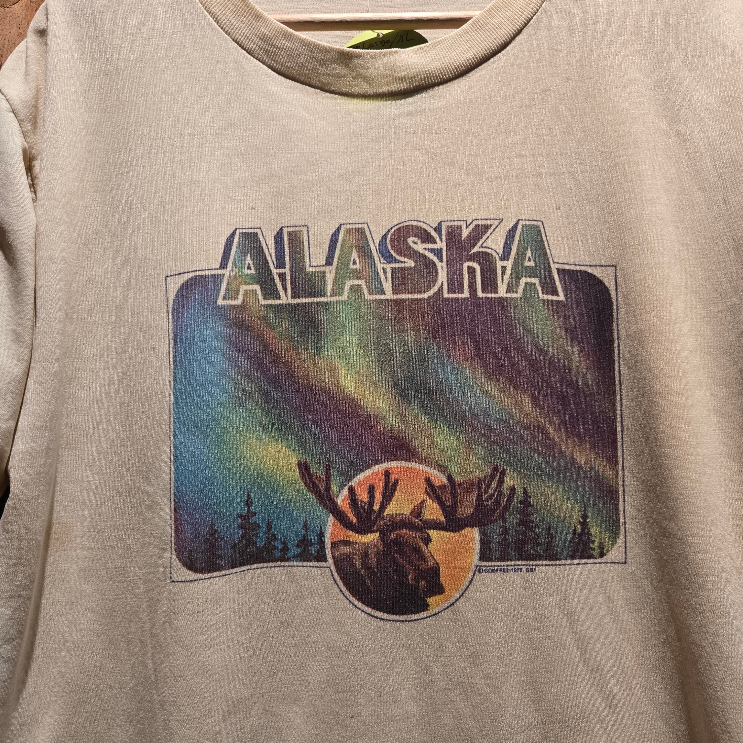 VTG 1976 Alaska Northan Lights Moose Single Stitch T-Shirt: Large