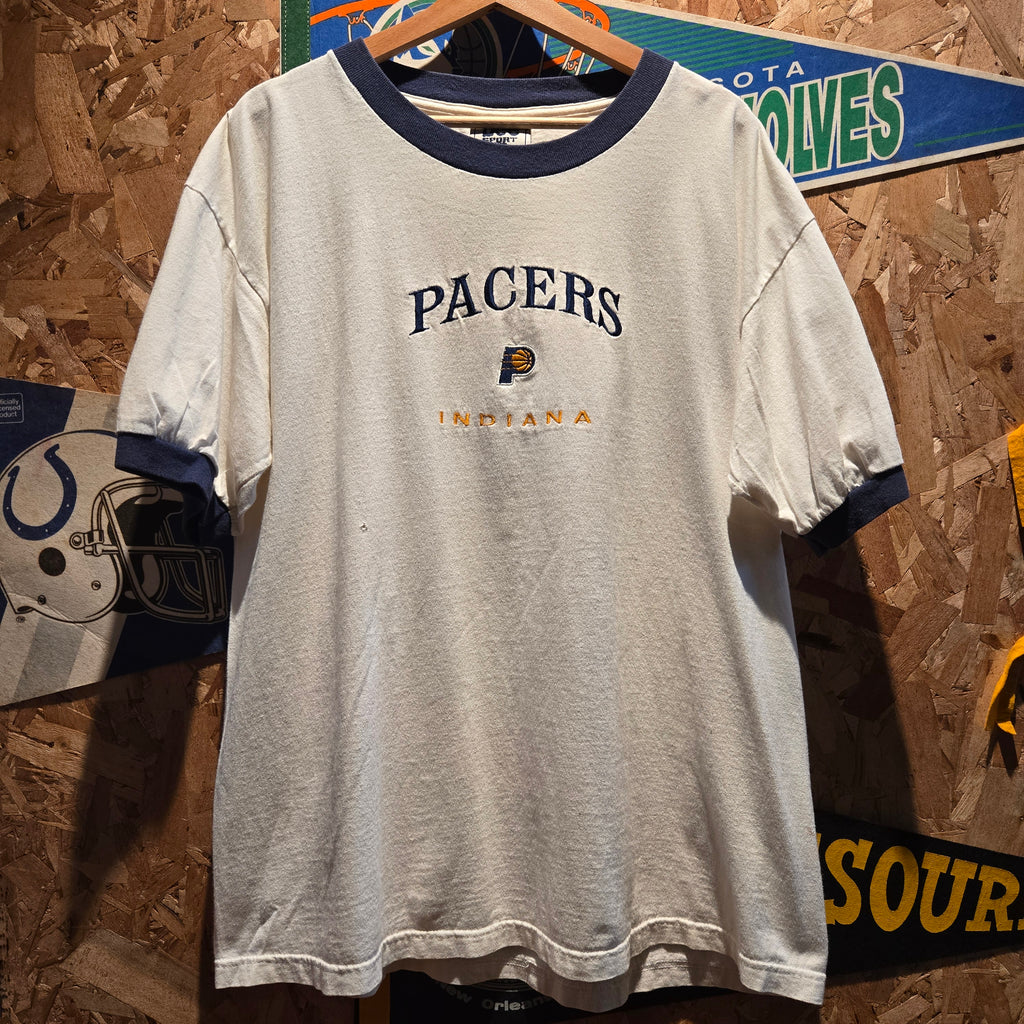 VTG 90's Indiana Pacers Ringer Embroidered Logo Lee Sports T-Shirt: XL