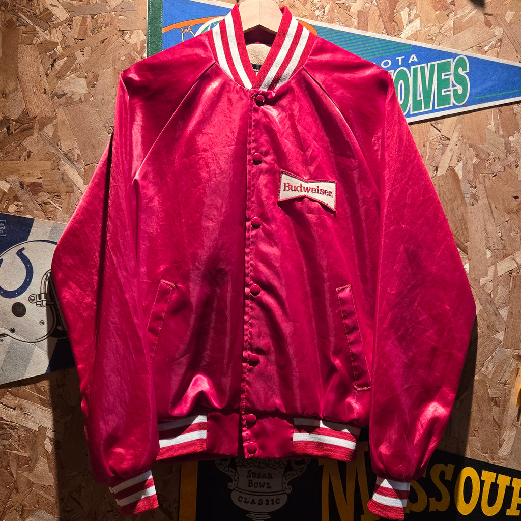 VTG Budweiser Men's Red Satin Bomber Jacket 80s Varsity Nylon: Medium