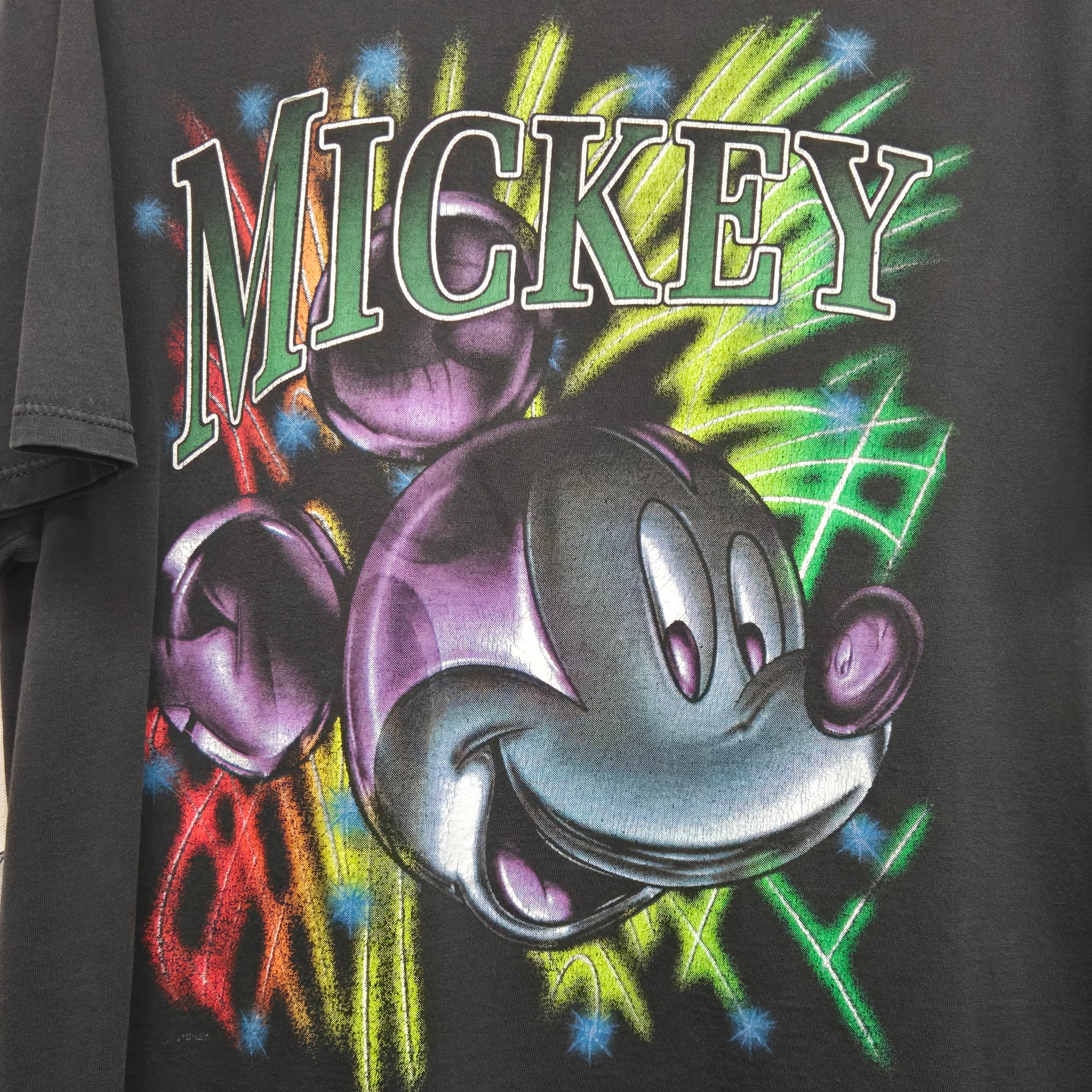 VTG Disney Mickey Mouse T-Shirt Neon Fireworks Big Head 90s: XL