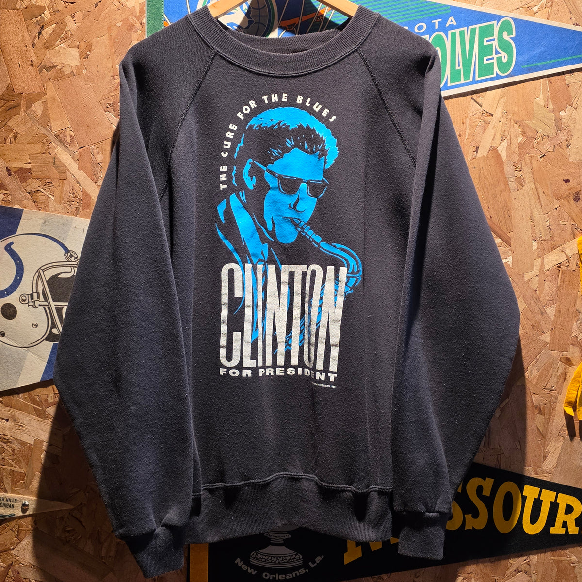 VTG 1992 Bill Clinton Black Sweatshirt The Cure For The Blues Clinton For President: XL