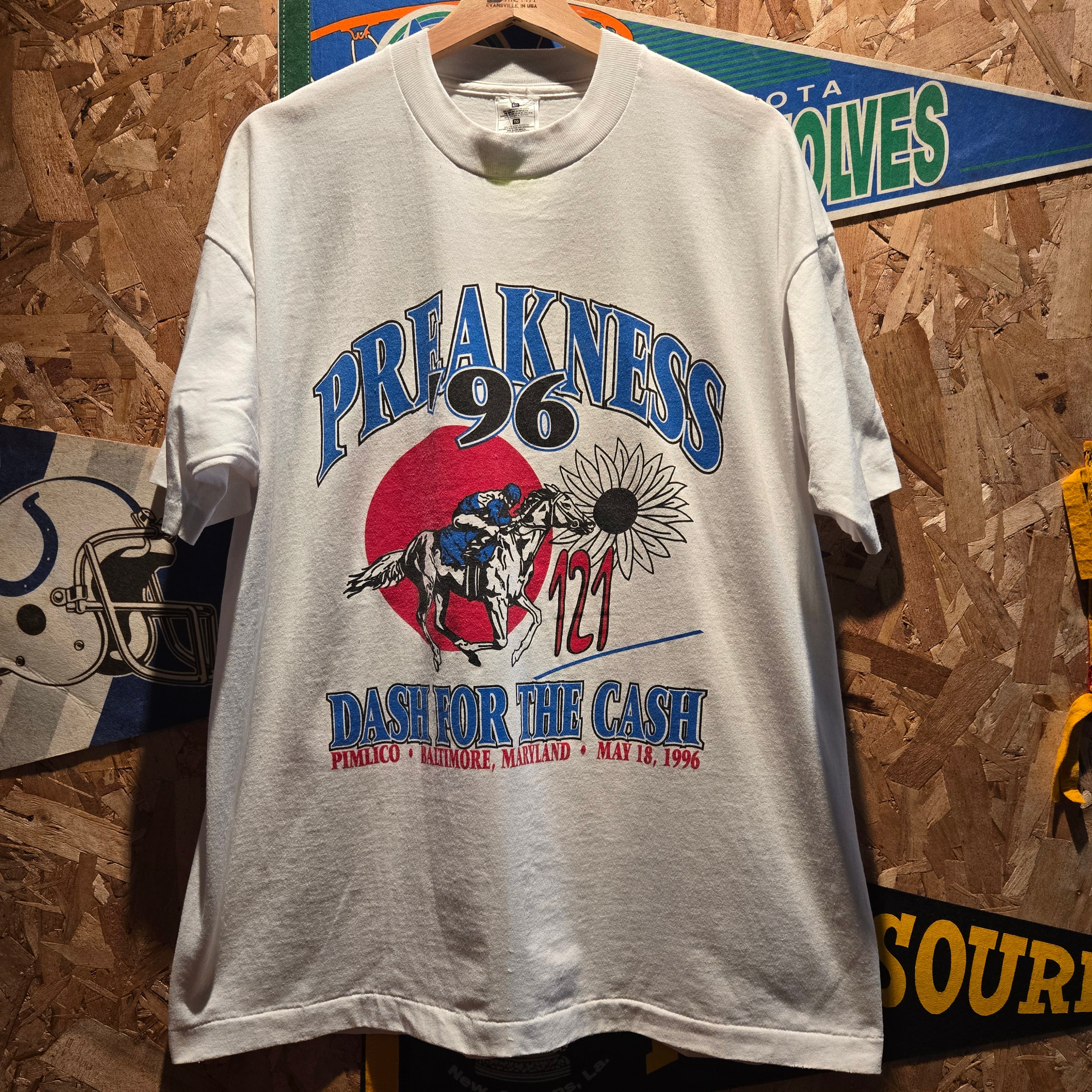VTG 90's Rare Test Print Graphic T-Shirt Preakness/Indy 500 Double Sided: XL