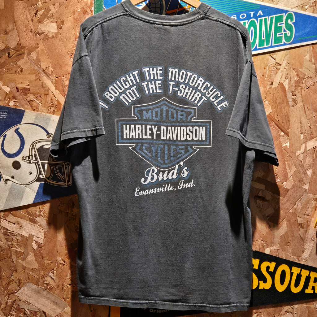VTG 2001 Harley Davidson Black T-shirt Buds Evansville IN: XL