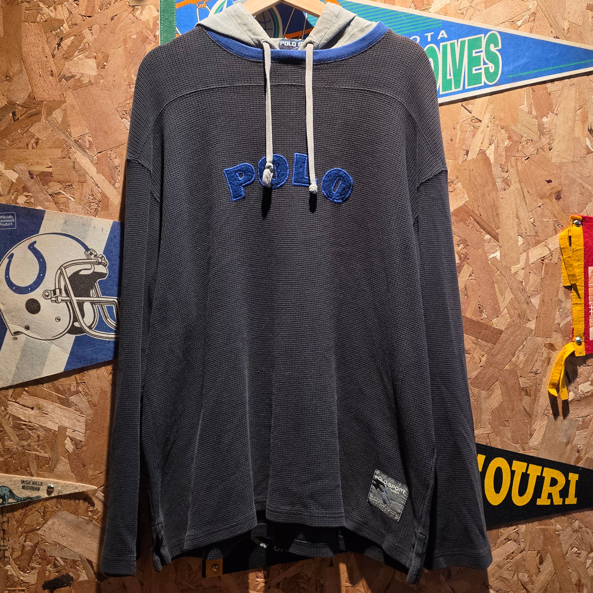 VTG Polo Sport Ralph Lauren Spell Out Logo Blue Mens Hoodie Sweatshirt: Large