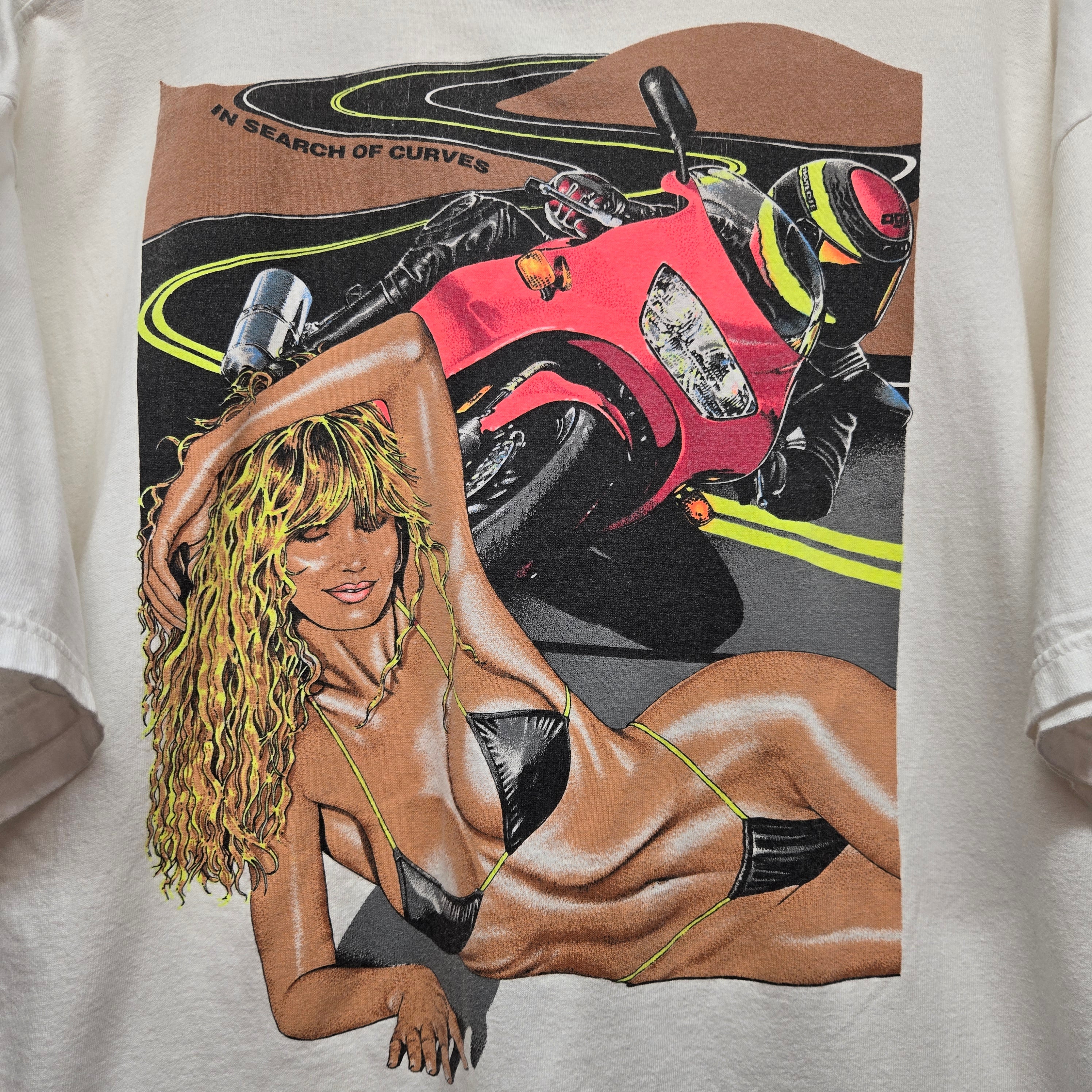 VTG Xtreme Super Bike Babe " In Search Of Curves" Graphic T-Shirt: XL