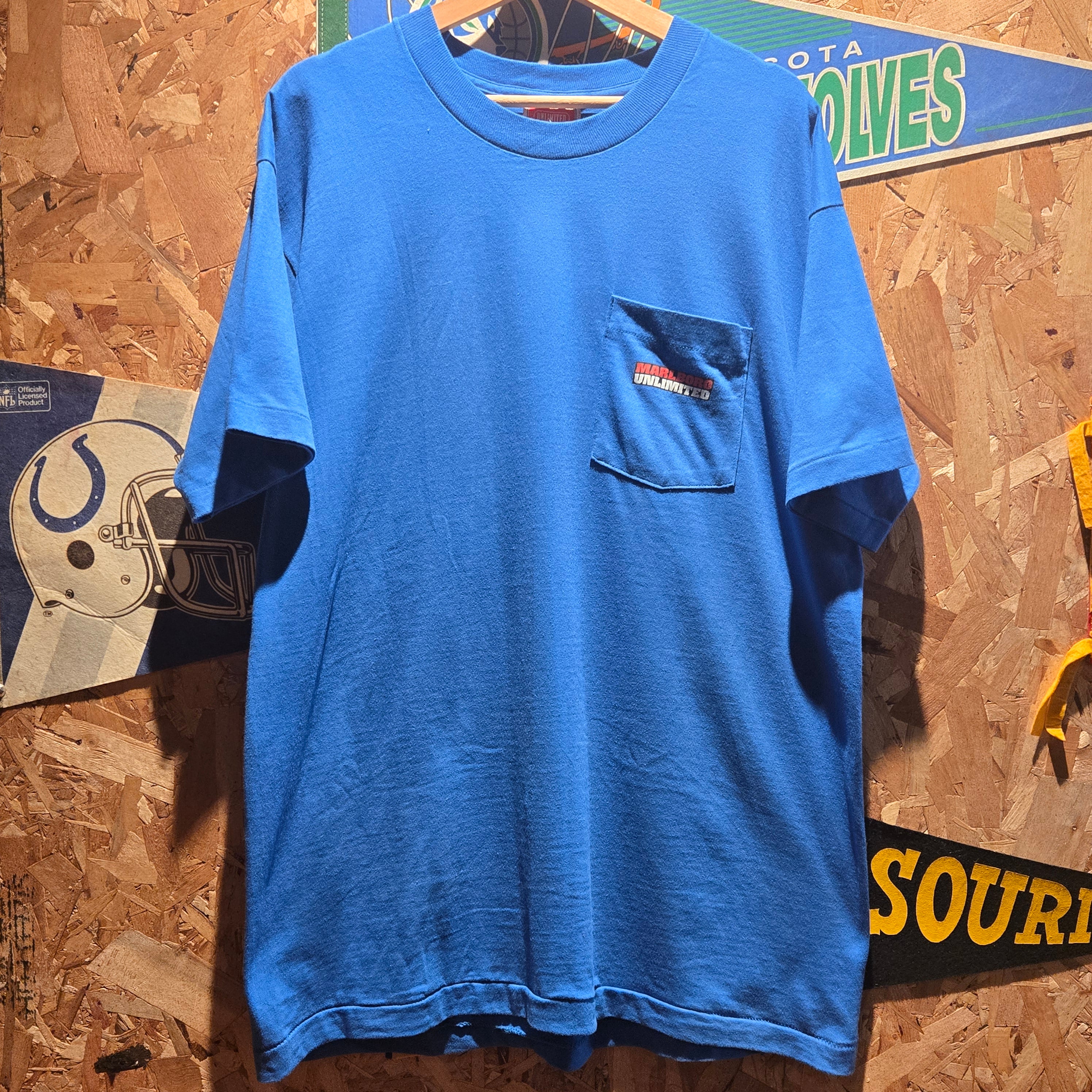 VTG Marlboro Unlimited Wolf Howling Made In USA Blue T-Shirt: XL