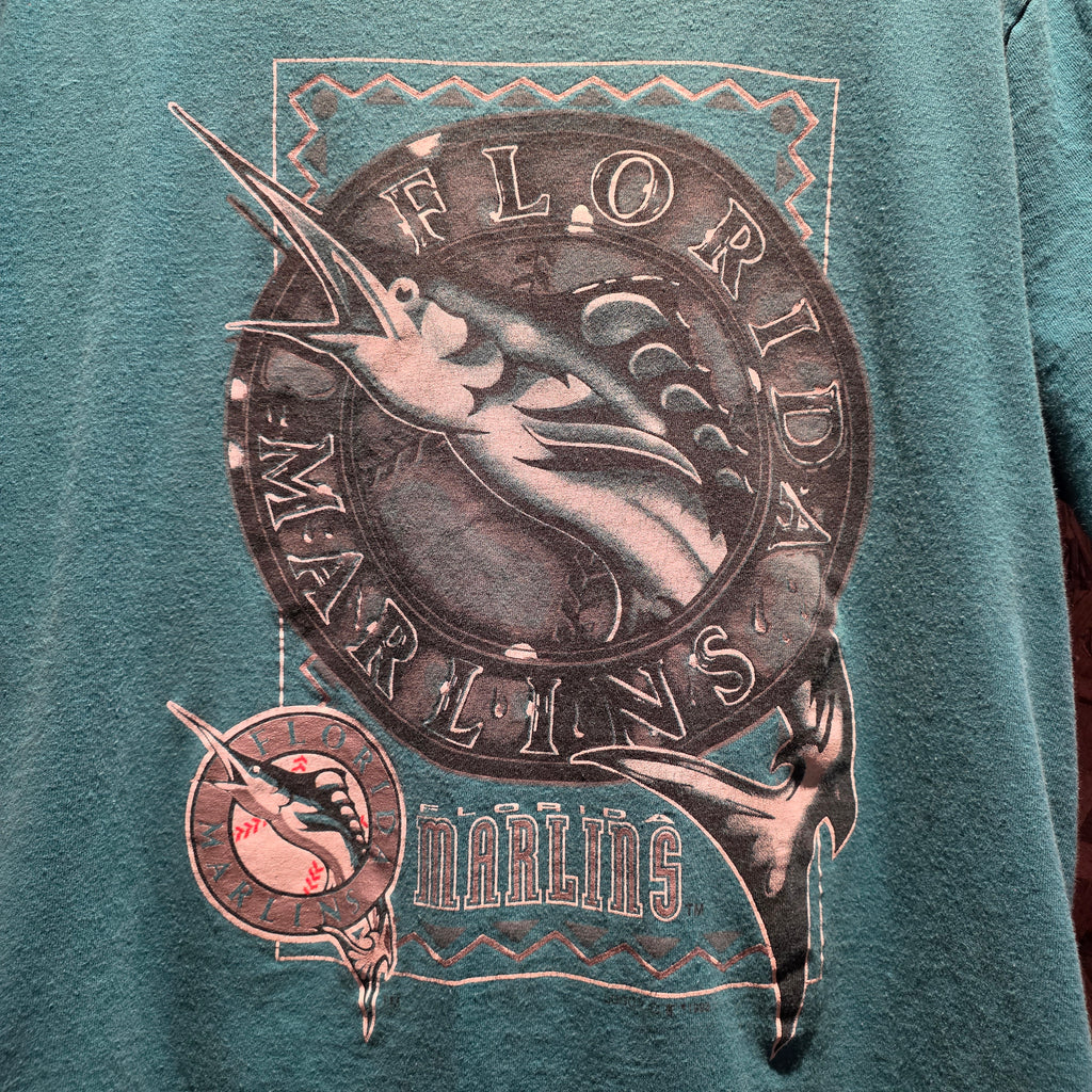 VTG 1993 Logo 7 Florida Marlins Teal Short Sleeve T-Shirt Single Stitch: Medium