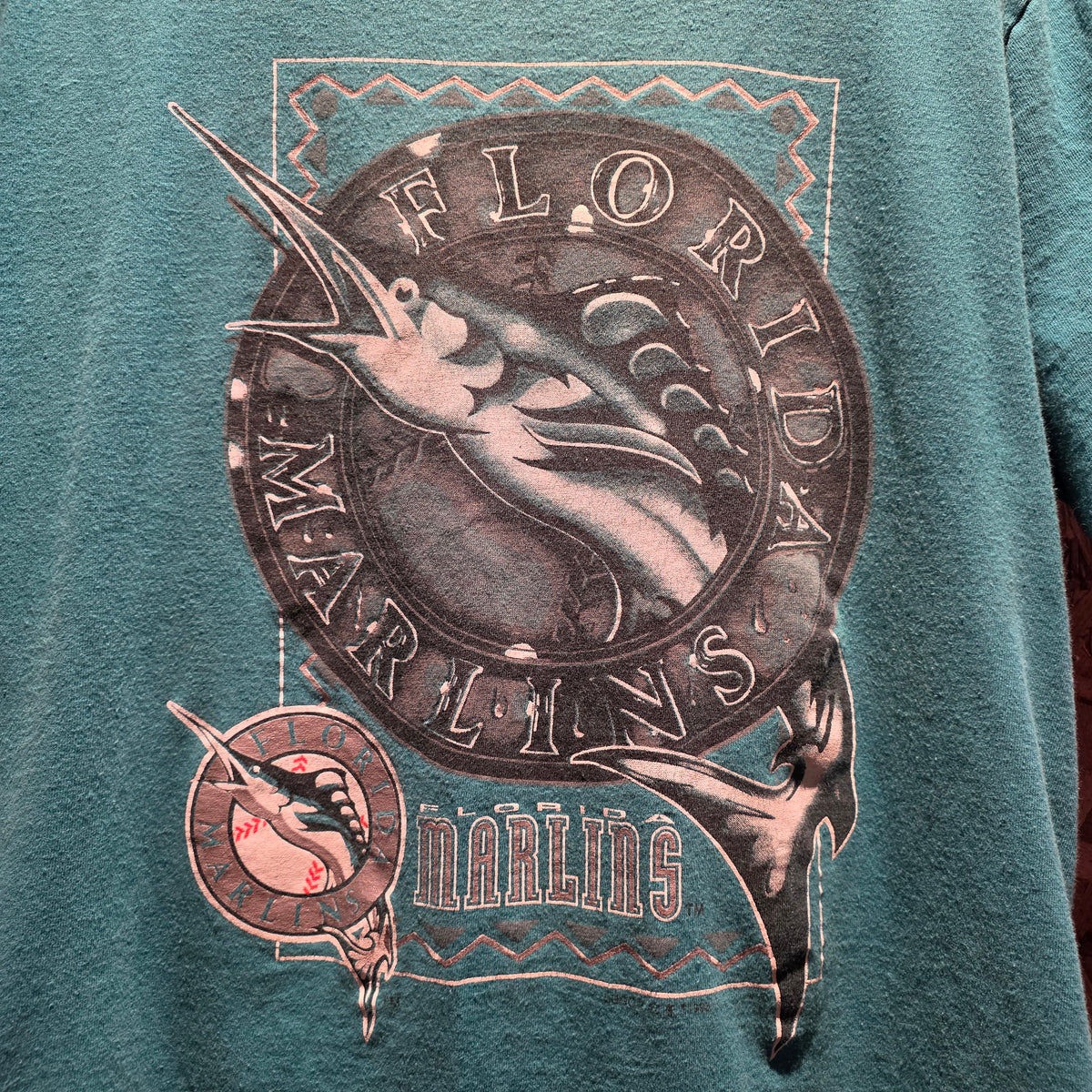 VTG 1993 Logo 7 Florida Marlins Teal Short Sleeve T-Shirt Single Stitch: Medium