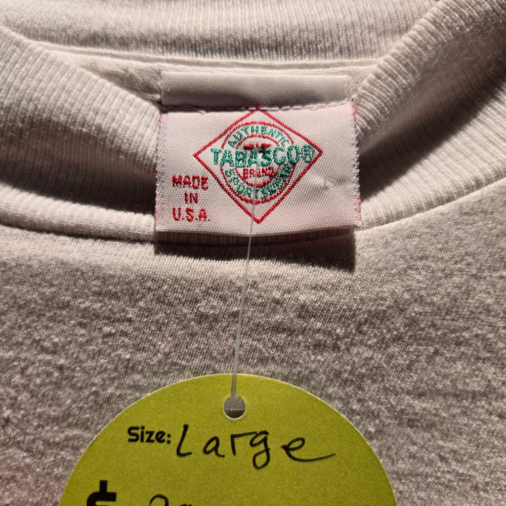 VTG Tabasco Sauce White Graphic Made In USA T-Shirt Long Sleeve: Large