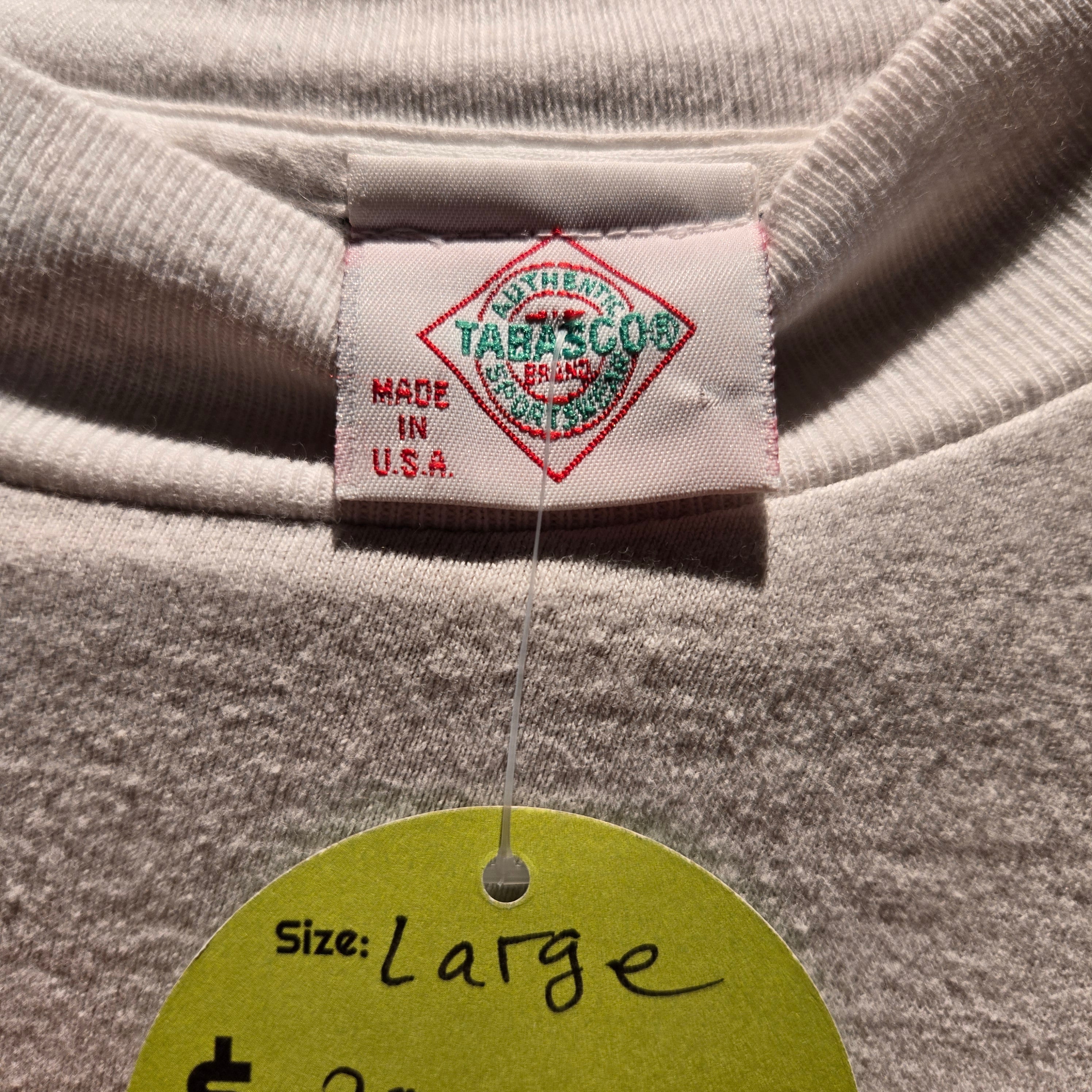VTG Tabasco Sauce White Graphic Made In USA T-Shirt Long Sleeve: Large