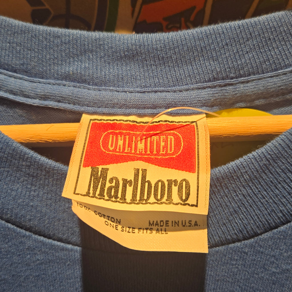 VTG Marlboro Unlimited Wolf Howling Made In USA Blue T-Shirt: XL