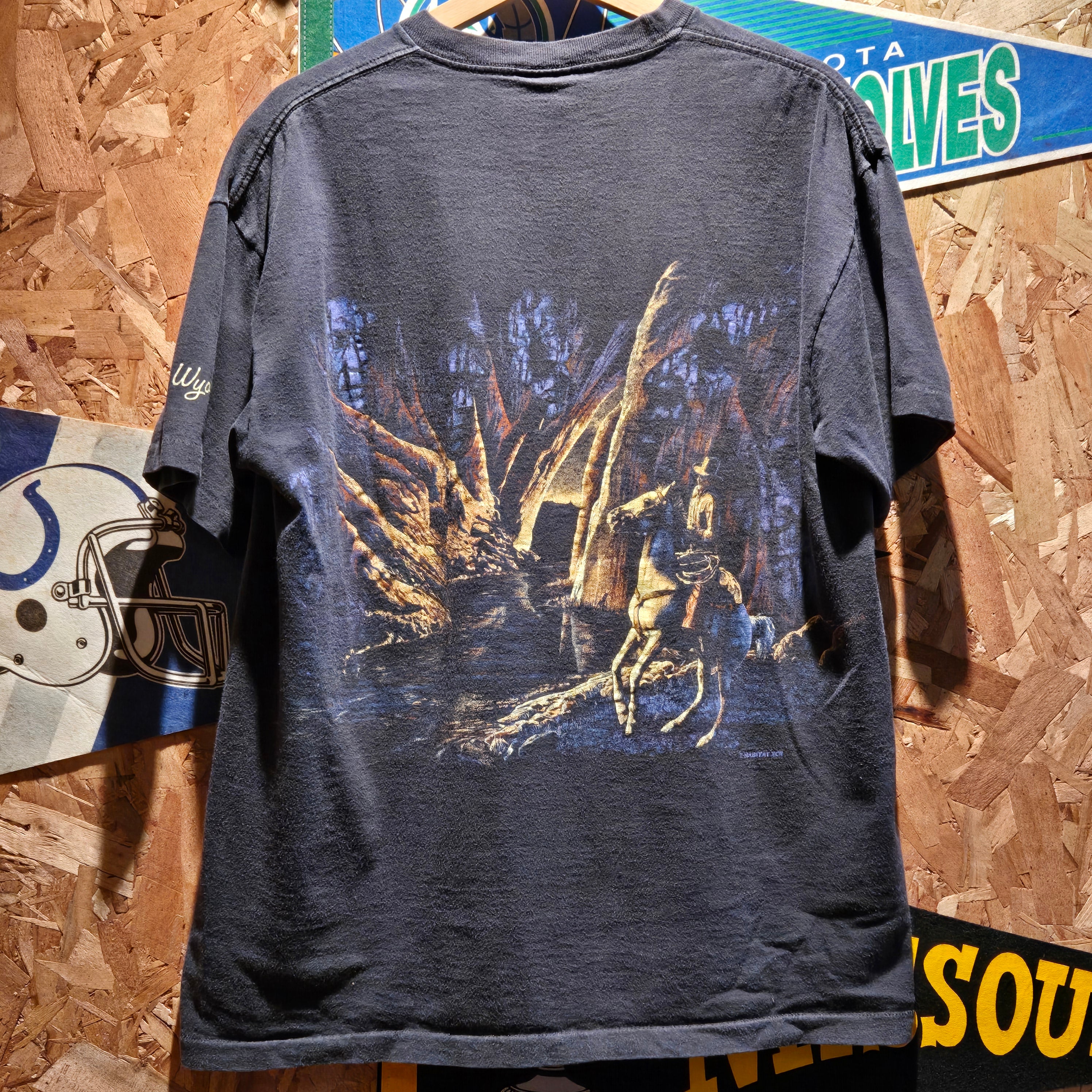 VTG Wyoming Western Cowboy Black Single Stitch T-Shirt: Large