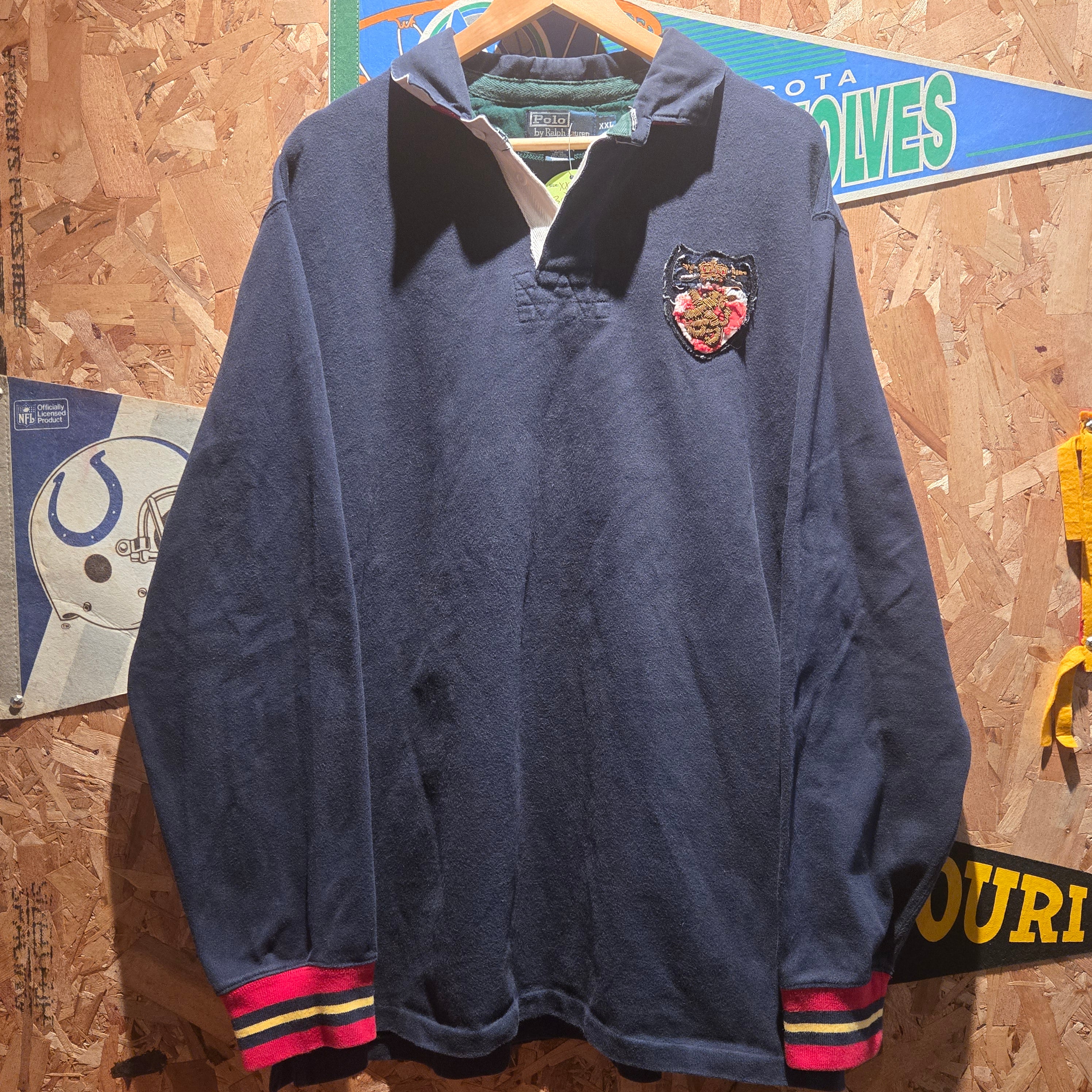 VTG Polo Ralph Lauren Shirt Mens VTG Patches Crest Navy Long Sleeve Rugby: XXL