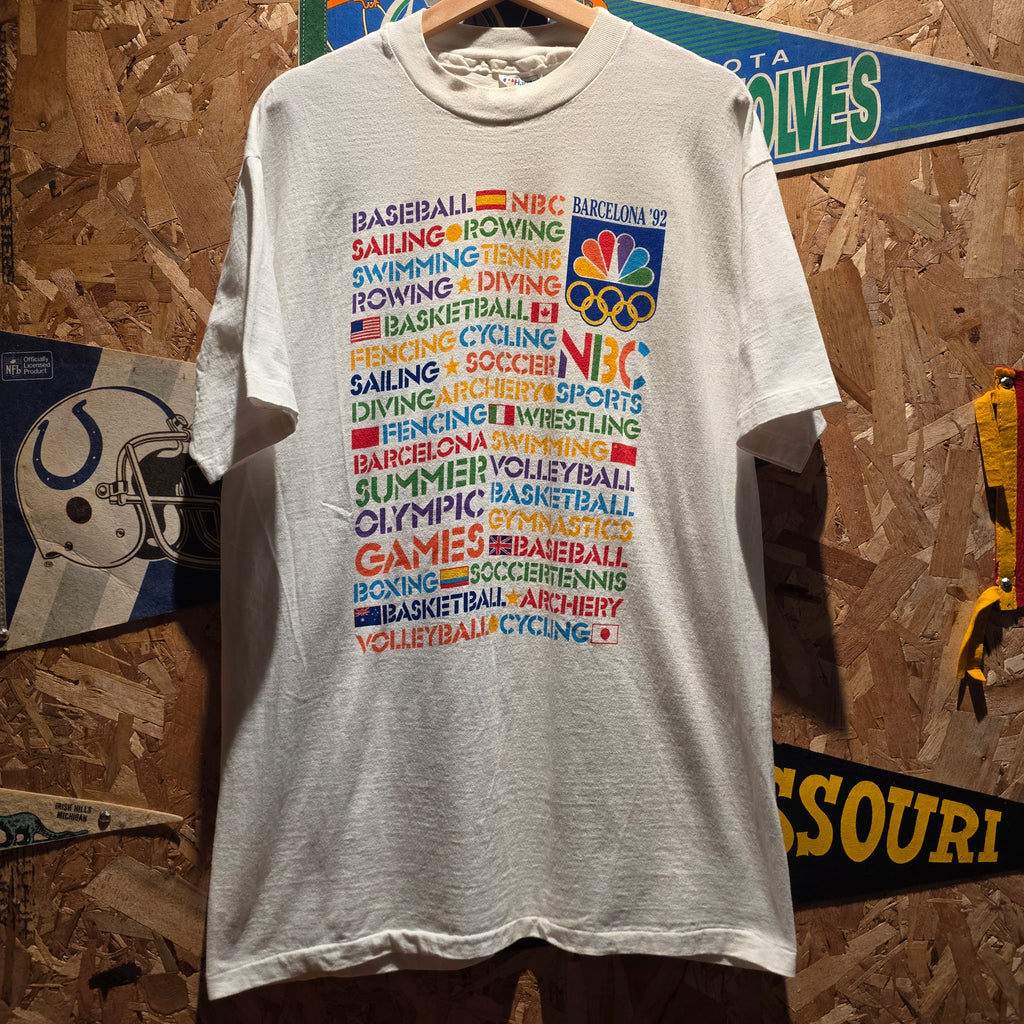 VTG 1992 Barcelona Olympics NBC White Graphic T-Shirt: XL