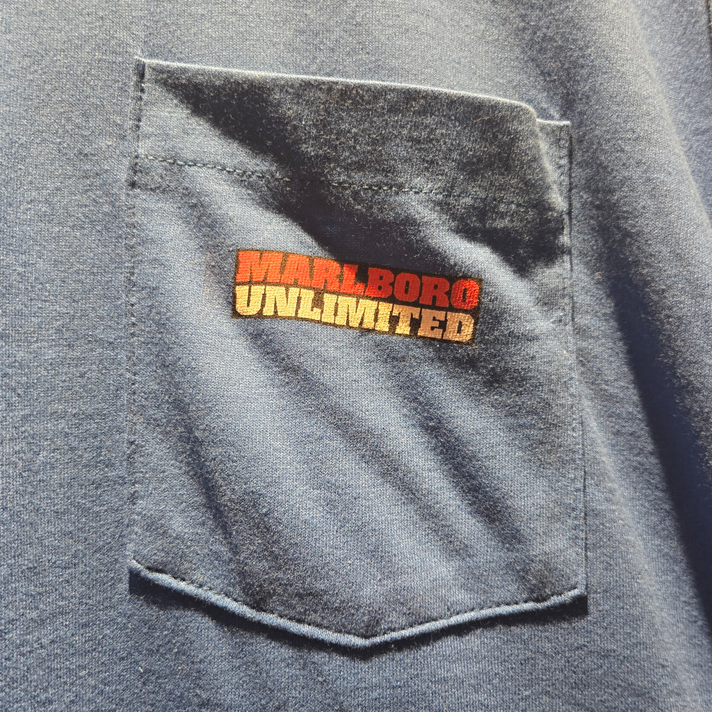VTG Marlboro Unlimited Wolf Howling Made In USA Blue T-Shirt: XL