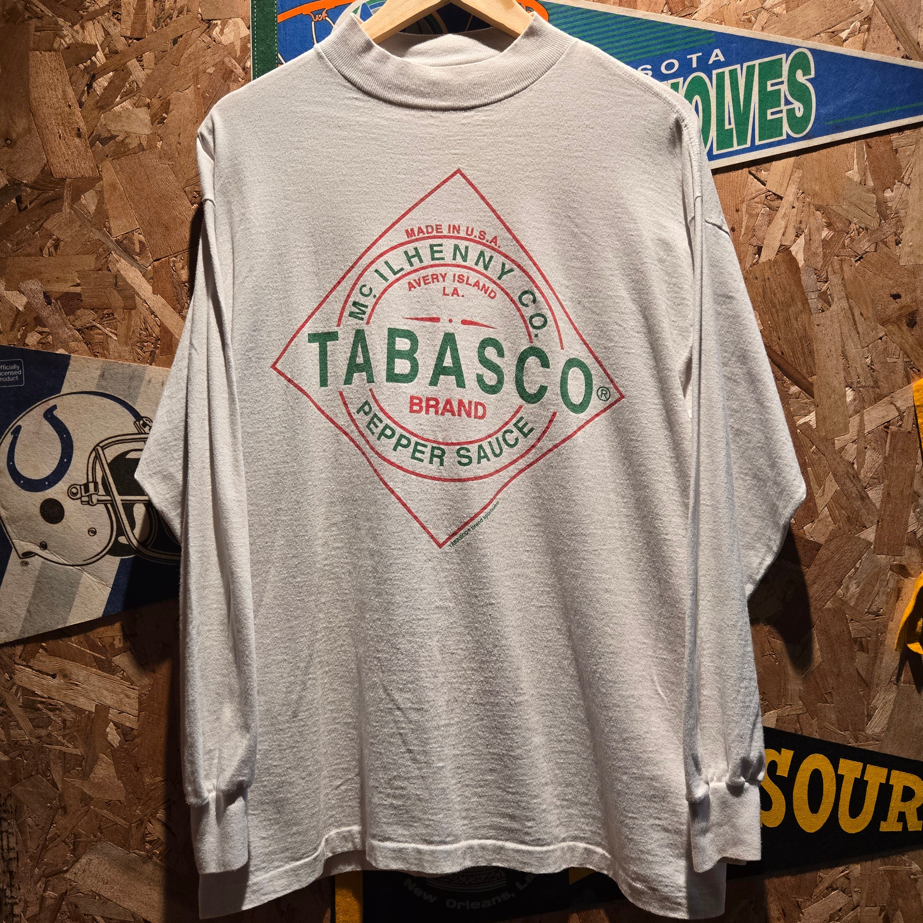 VTG Tabasco Sauce White Graphic Made In USA T-Shirt Long Sleeve: Large