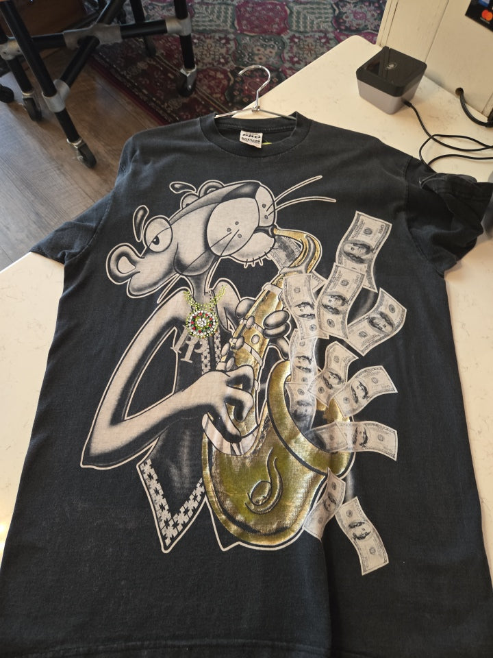 VTG Pink Panther Saxophone $100 Bills Black T-Shirt: XLT