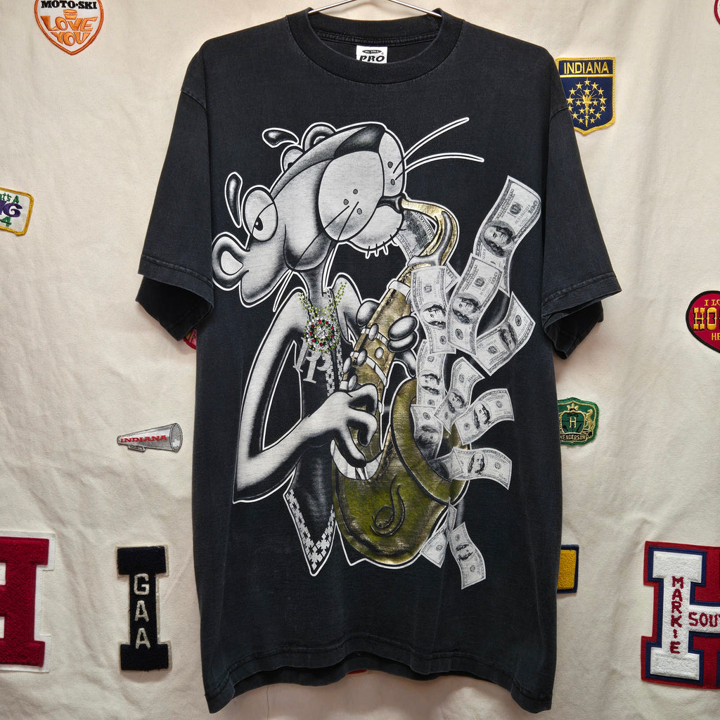VTG Pink Panther Saxophone $100 Bills Black T-Shirt: XLT