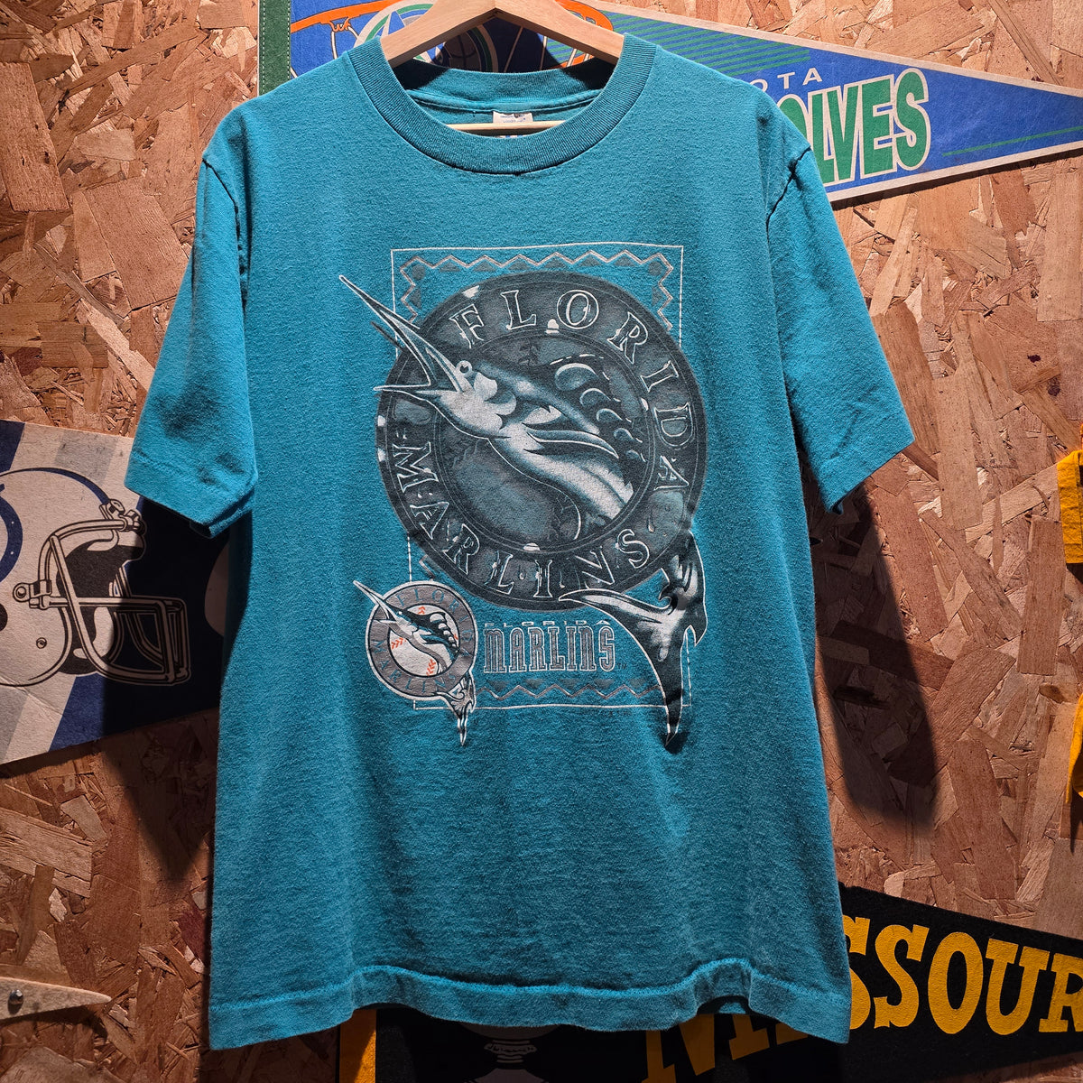 VTG 1993 Logo 7 Florida Marlins Teal Short Sleeve T-Shirt Single Stitch: Medium