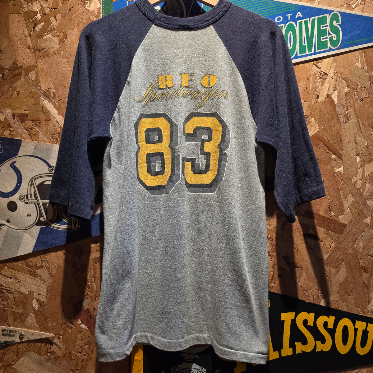 VTG REO Speedwagon 1983 Gray T-Shirt W/Navy Blue 3/4 Sleeves: Large