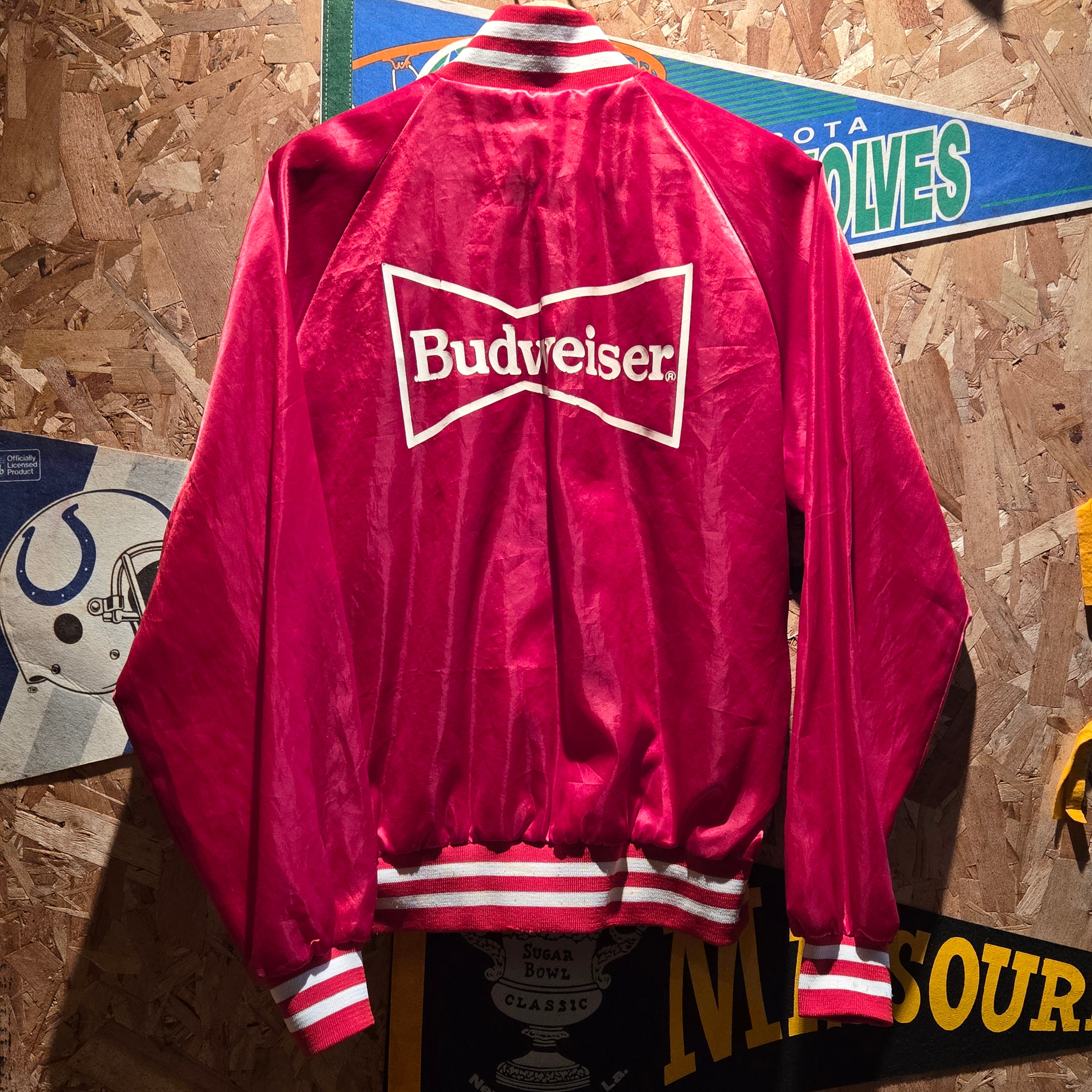 VTG Budweiser Men's Red Satin Bomber Jacket 80s Varsity Nylon: Medium