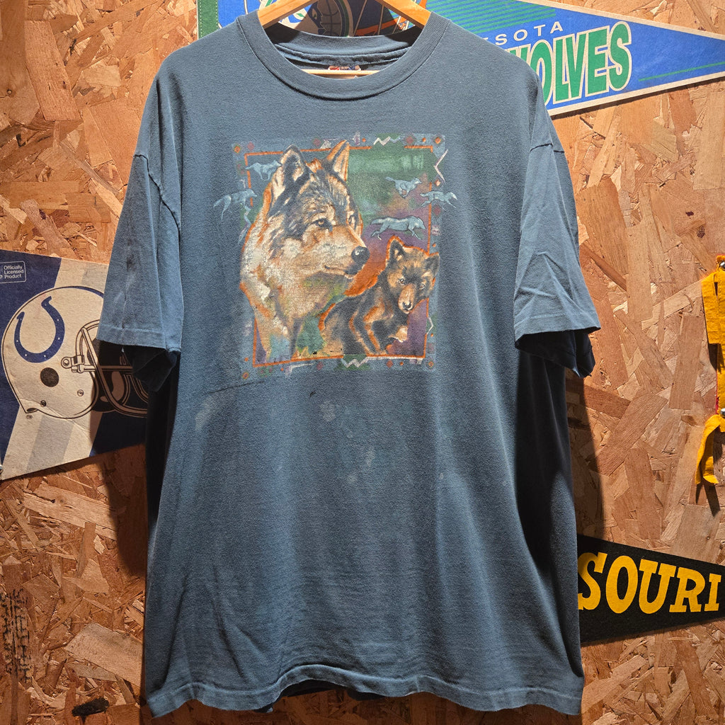 VTG Wolf Wilderness W/ Paw Print AOP Single Stitch USA: 2XL