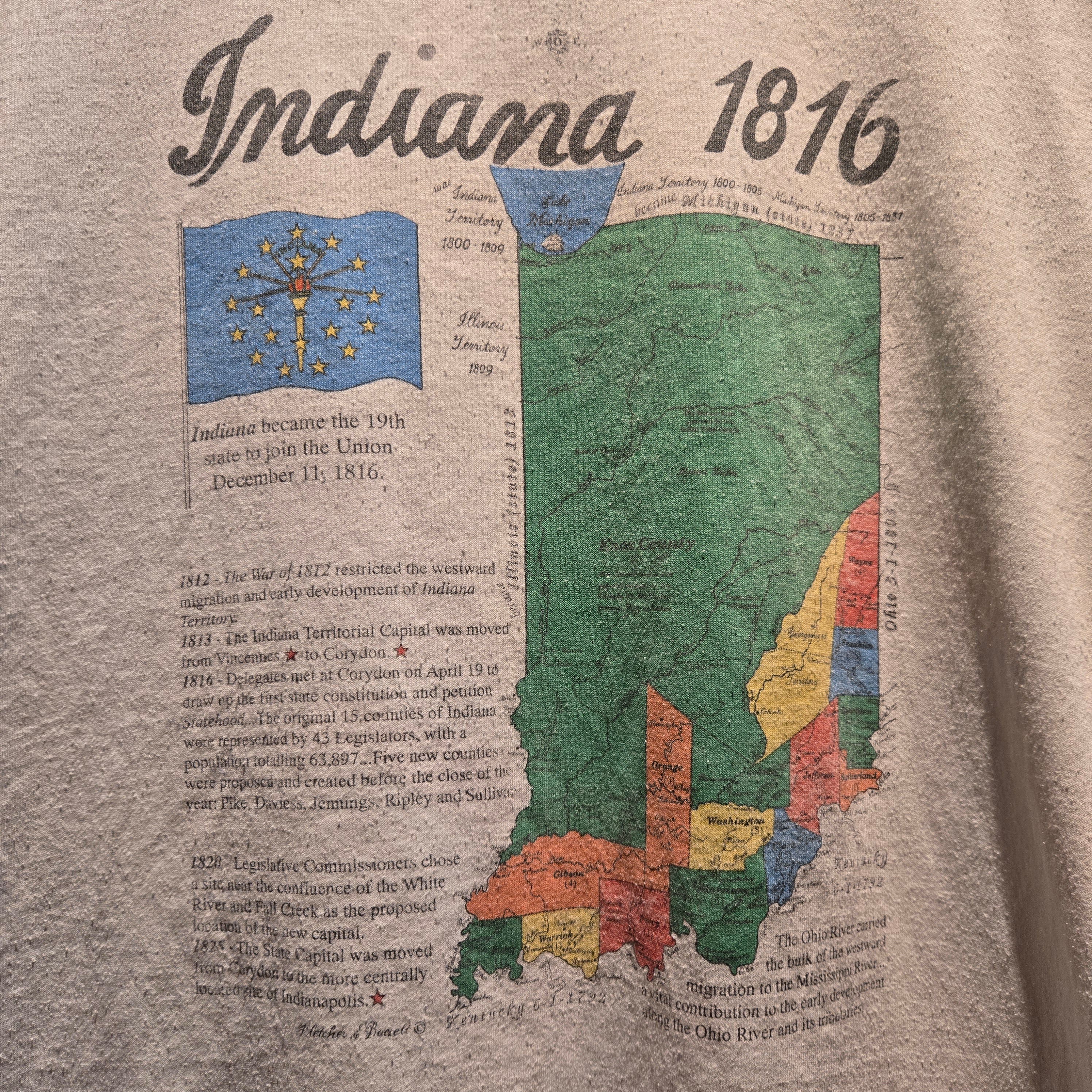 VTG 90's Map Of Indiana 1816 Graphic T-Shirt: Large