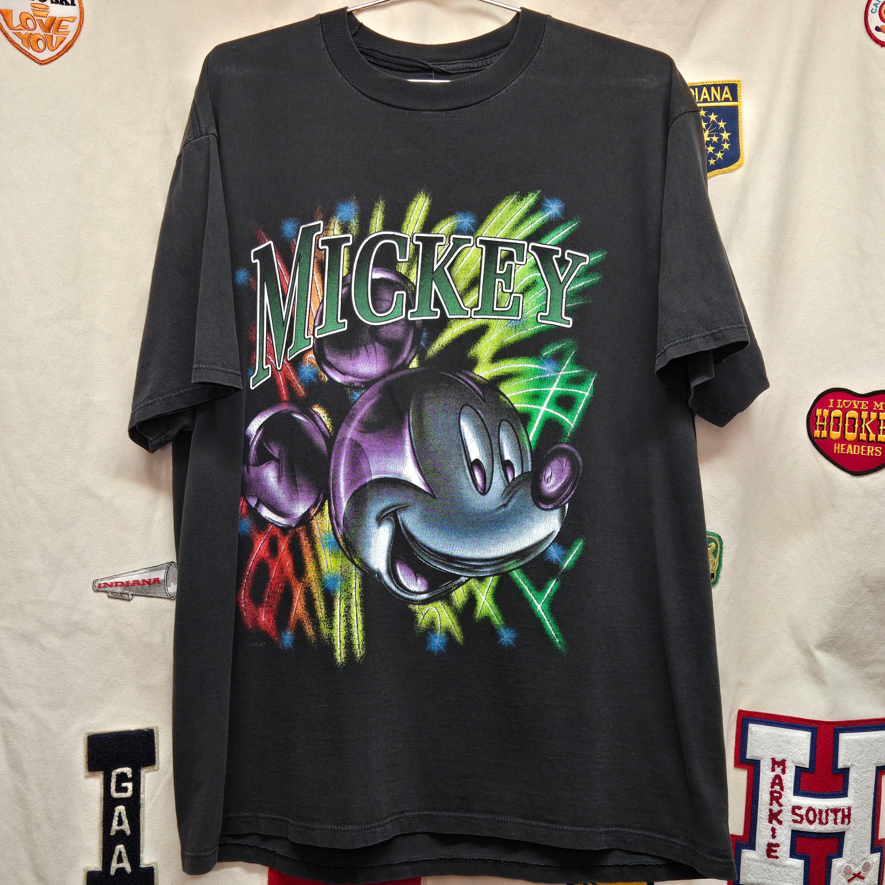 VTG Disney Mickey Mouse T-Shirt Neon Fireworks Big Head 90s: XL