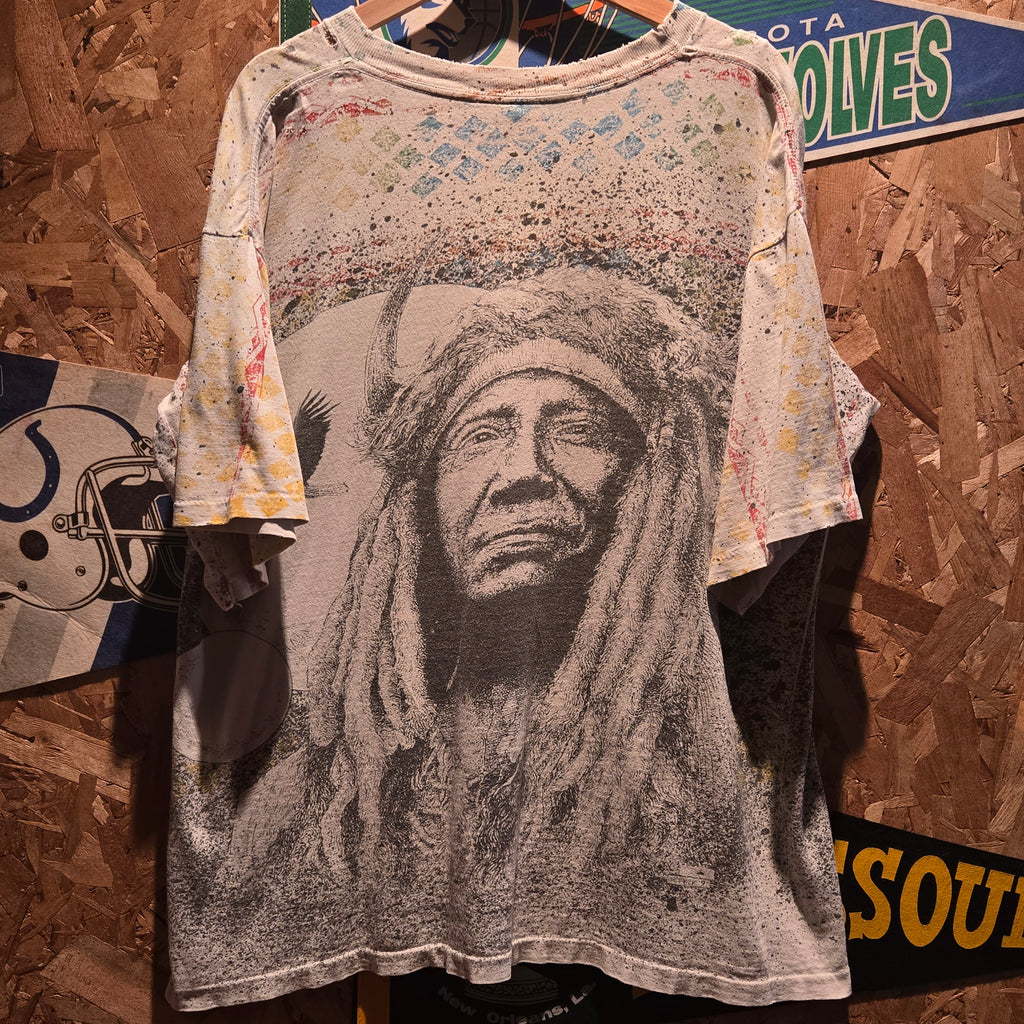 VTG SJM Sportswear Native American Chief AOP Graphic T-Shirt: XL