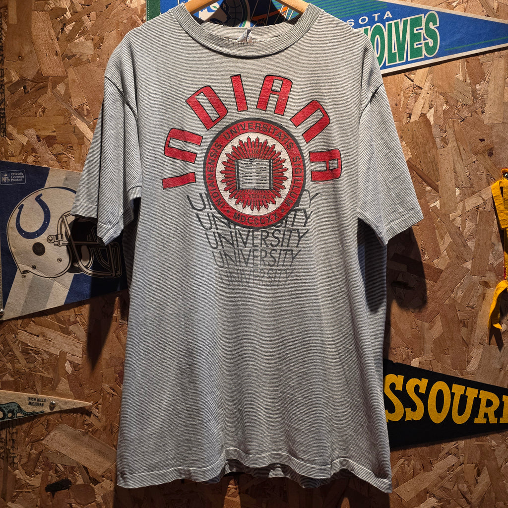 VTG 90's Indiana Hoosiers University Striped Grey T-Shirt: XL