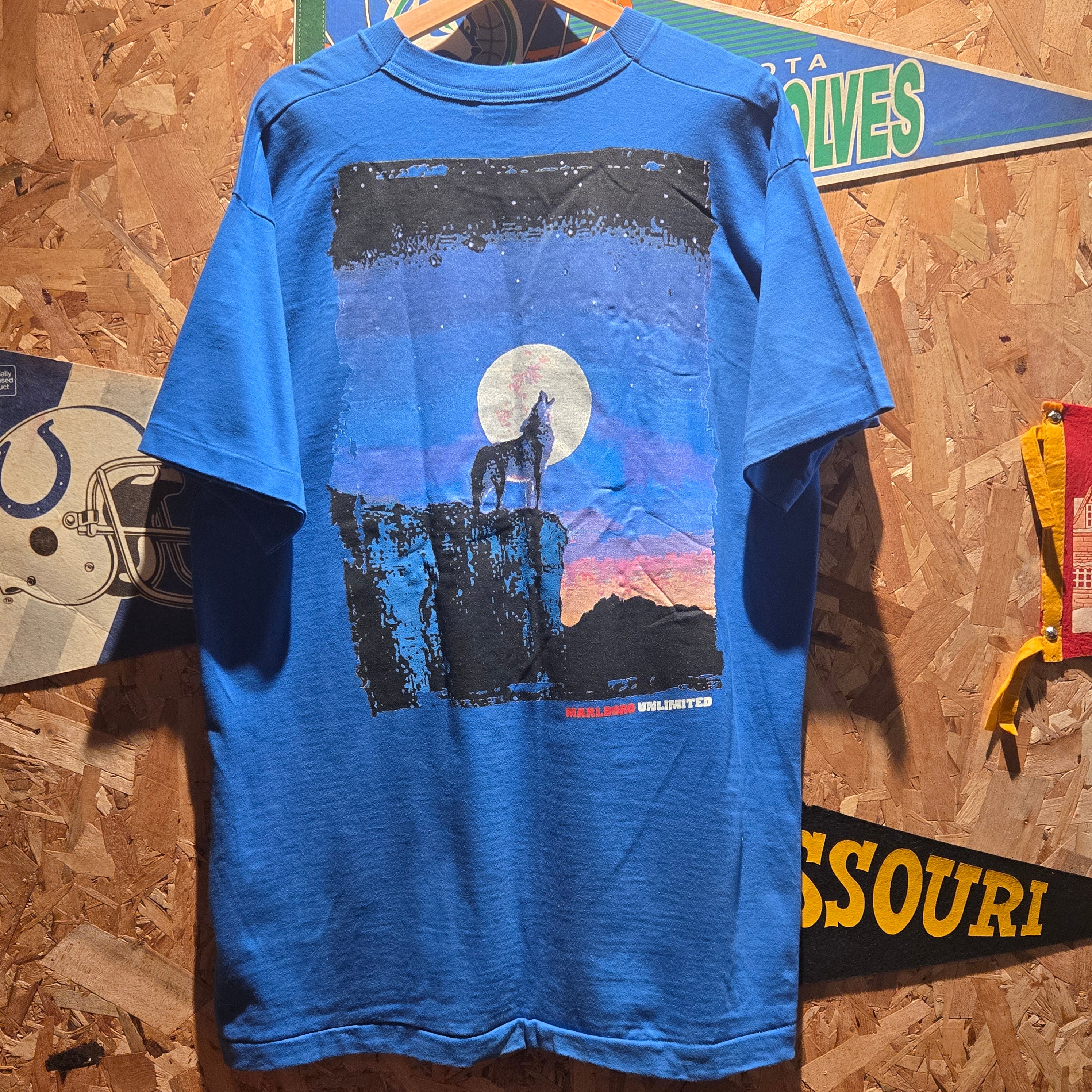 VTG Marlboro Unlimited Wolf Howling Made In USA Blue T-Shirt: XL
