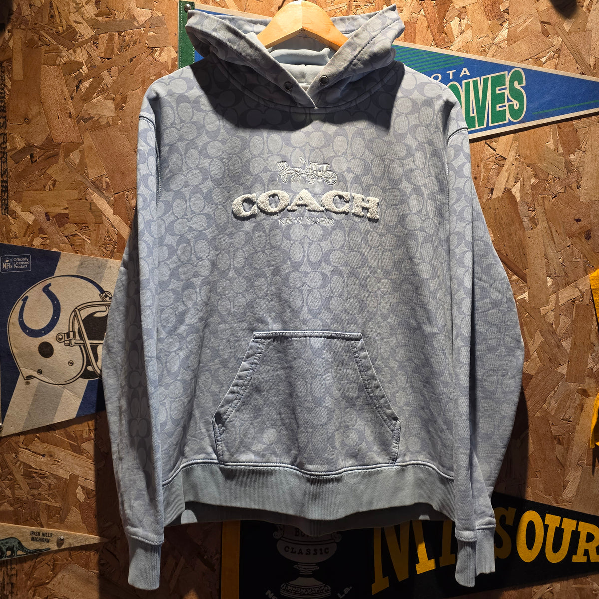 Coach Men’s Gray Signature Logo Pullover Hoodie Cotton Fleece Pockets: Medium
