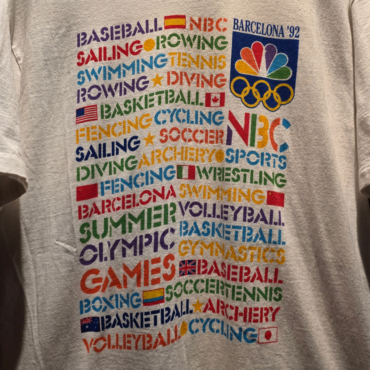 VTG 1992 Barcelona Olympics NBC White Graphic T-Shirt: XL