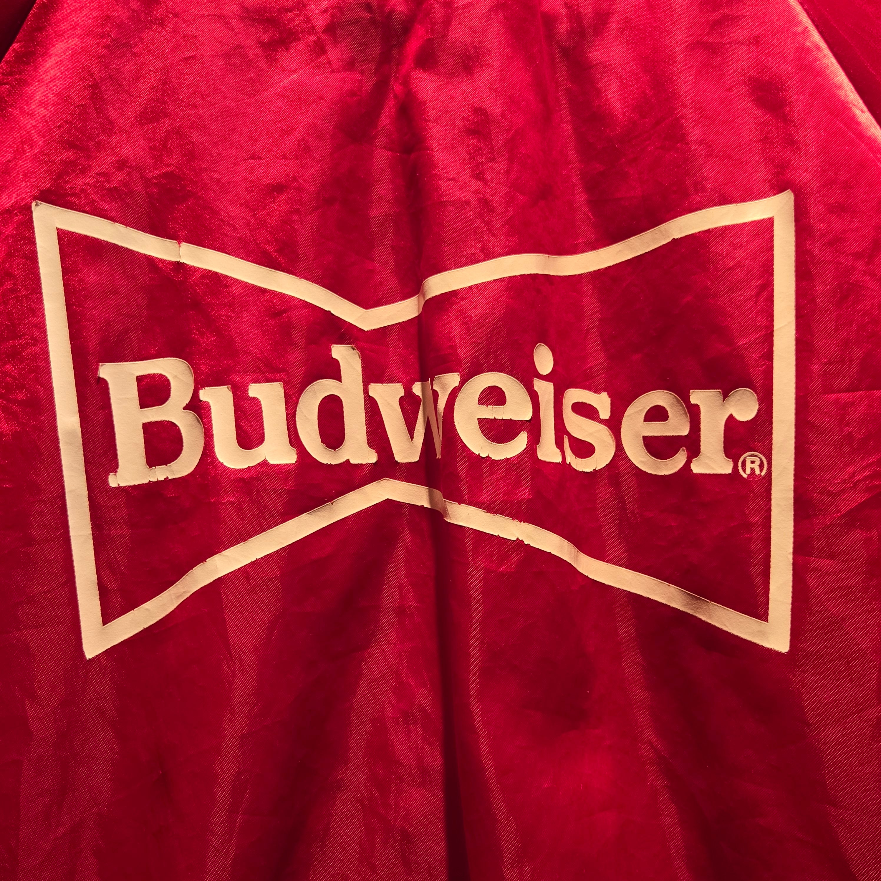 VTG Budweiser Men's Red Satin Bomber Jacket 80s Varsity Nylon: Medium