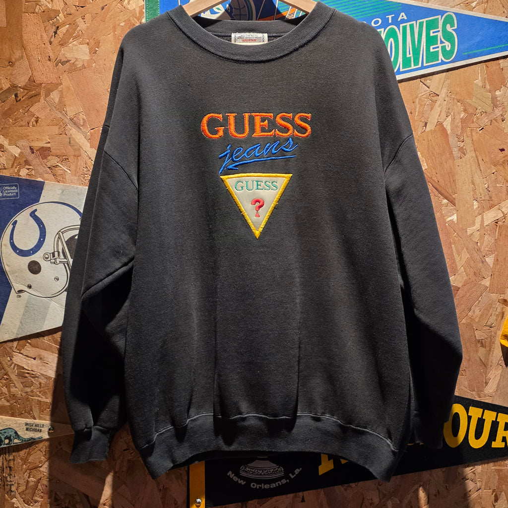 VTG 90'S Guess Jeans Black Embroidered Sweatshirt Made In USA: XL